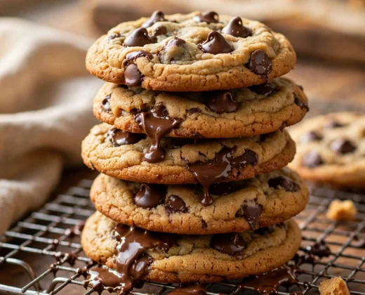 Stack of classic chewy chocolate chip cookies with melted chocolate pools on a cooling rack
