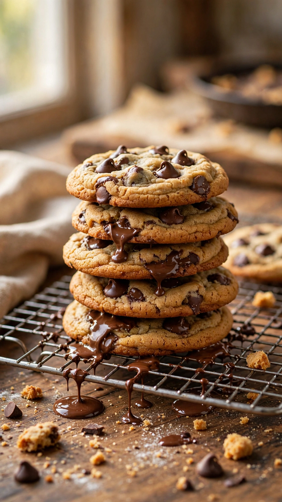 Stack of classic chewy chocolate chip cookies with melted chocolate pools on a cooling rack