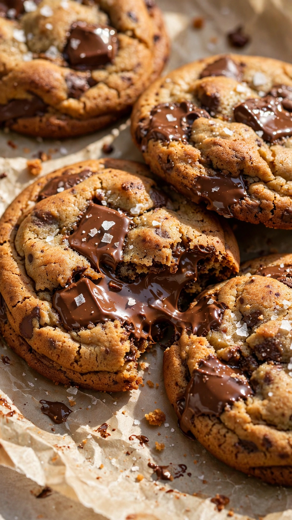 Brown butter chocolate chip cookies with flaky sea salt and glossy melted chocolate chunks on parchment