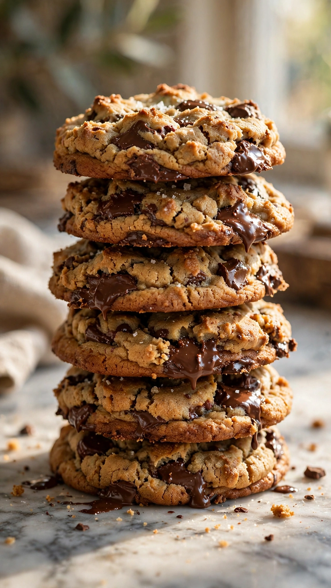 Tall stack of thick bakery style chocolate chip cookies with craggy tops and chocolate puddles on marble