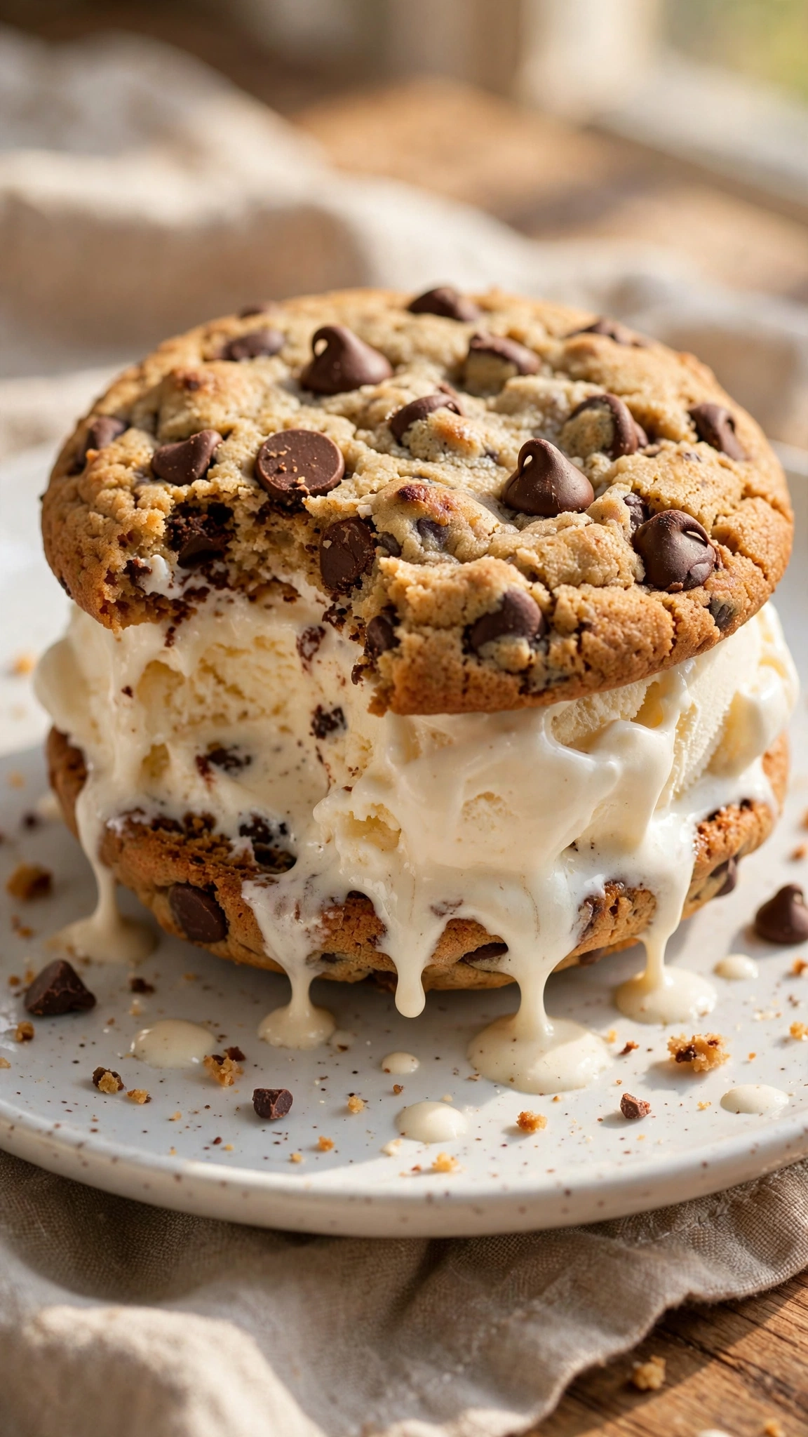 Chocolate chip cookie ice cream sandwich with vanilla ice cream oozing out, bite taken, on a white plate