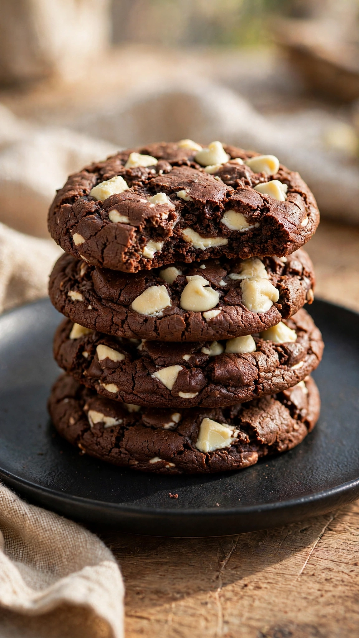 Double chocolate chip cookies with dark cocoa dough and white chocolate chips stacked on a black plate
