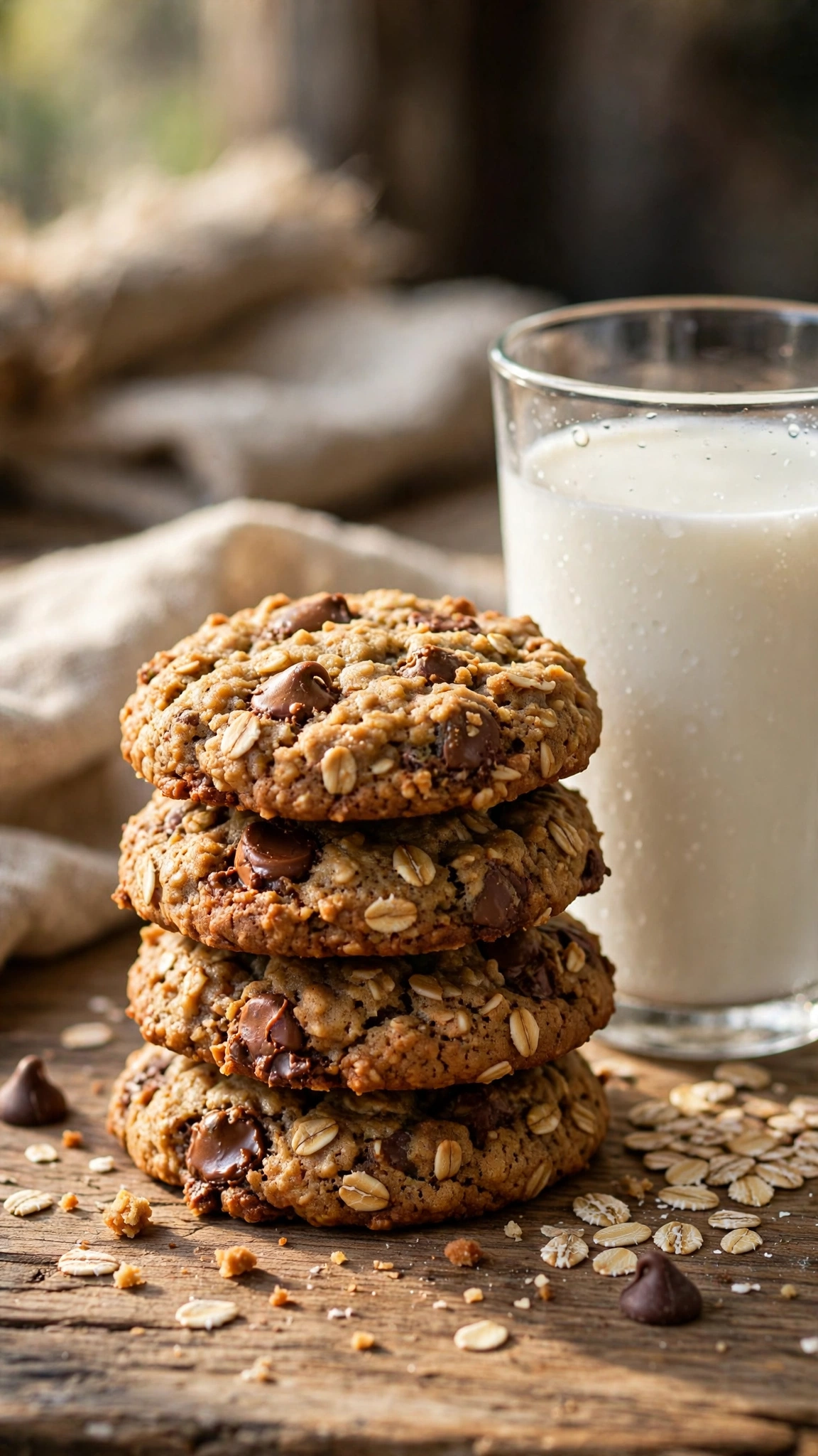 Oatmeal chocolate chip cookies with hearty texture and visible oats stacked on a rustic wooden table with milk