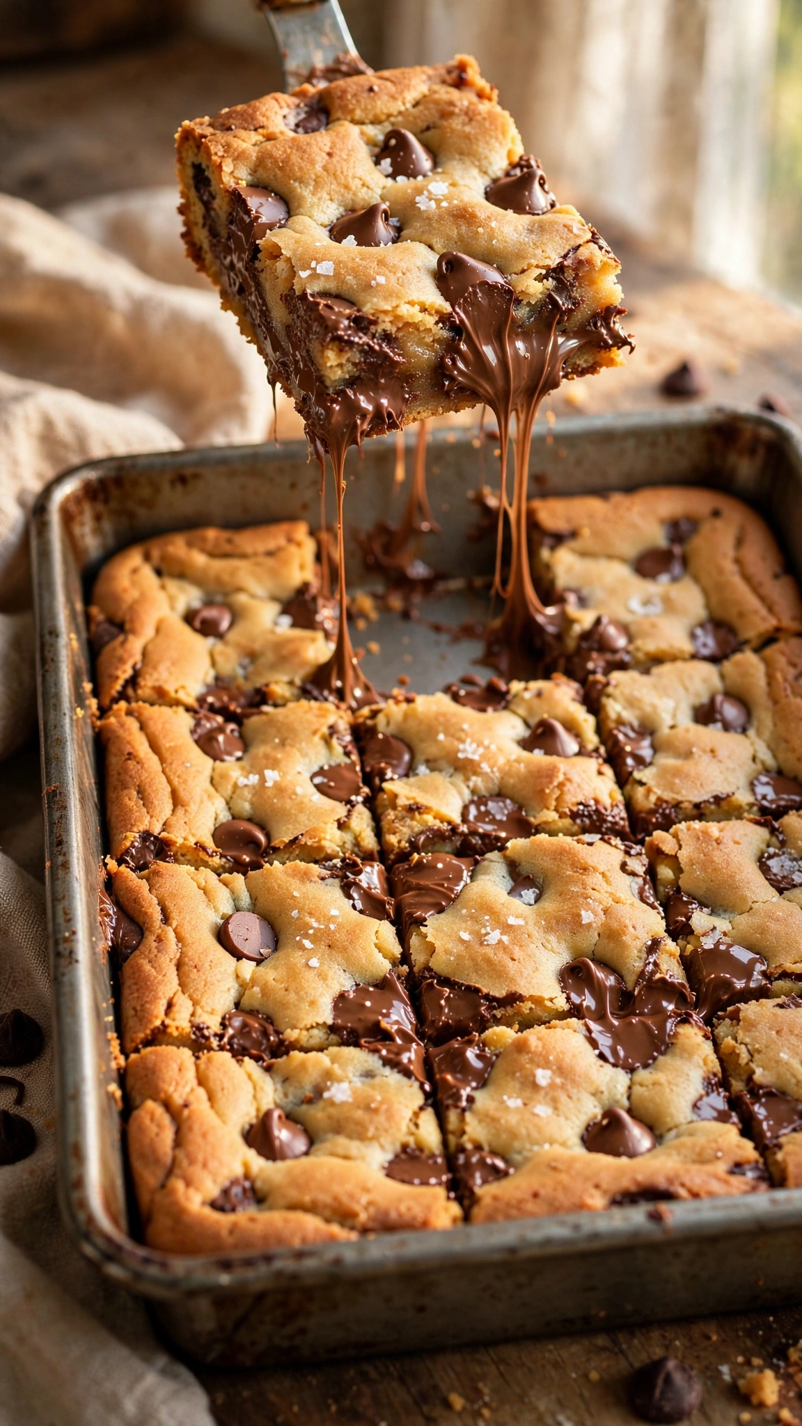 Chocolate chip cookie bars cut into squares in a baking pan with gooey centers, one square lifted