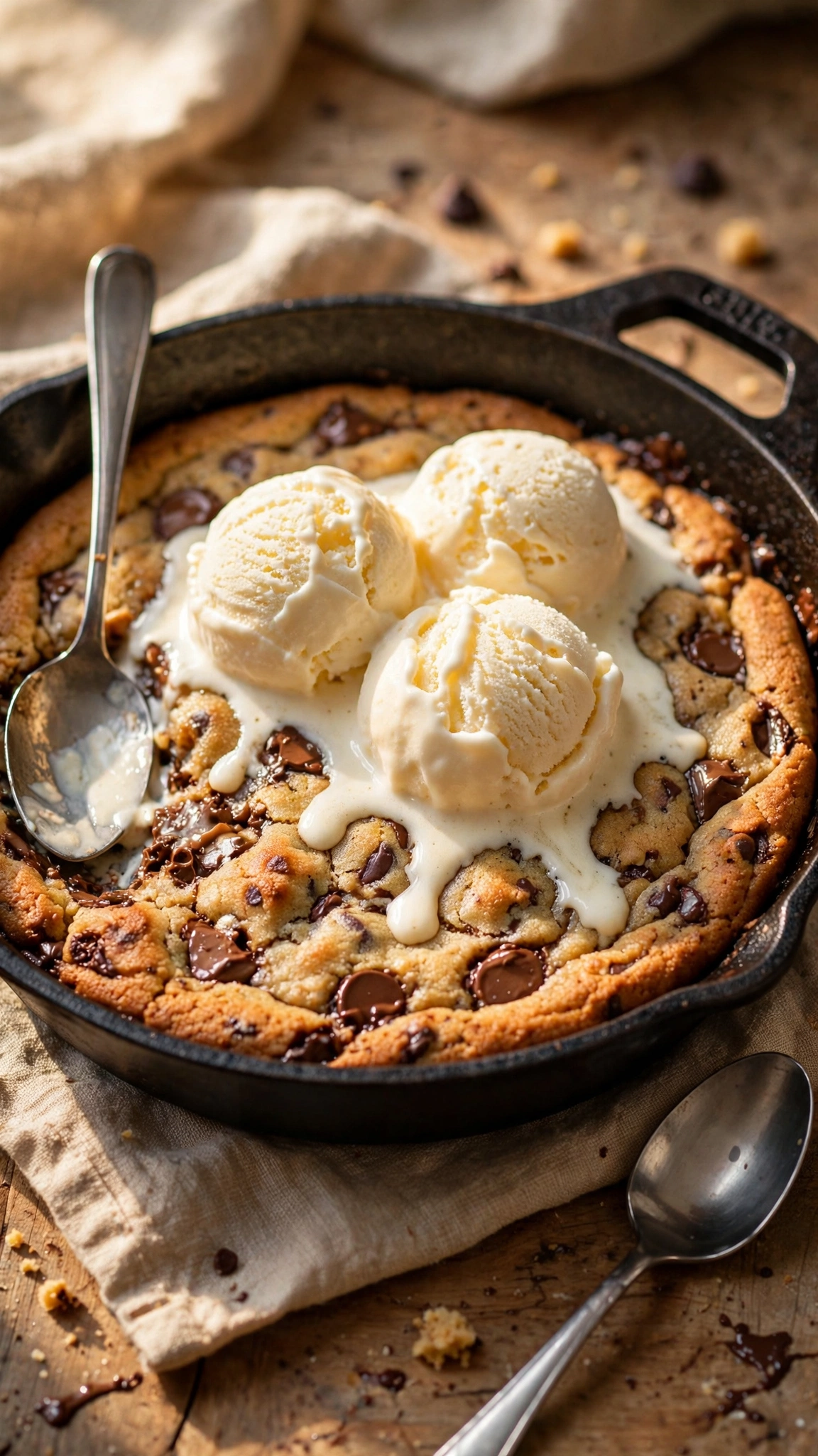 Warm chocolate chip cookie baked in a cast iron skillet with melting vanilla ice cream scoops on top