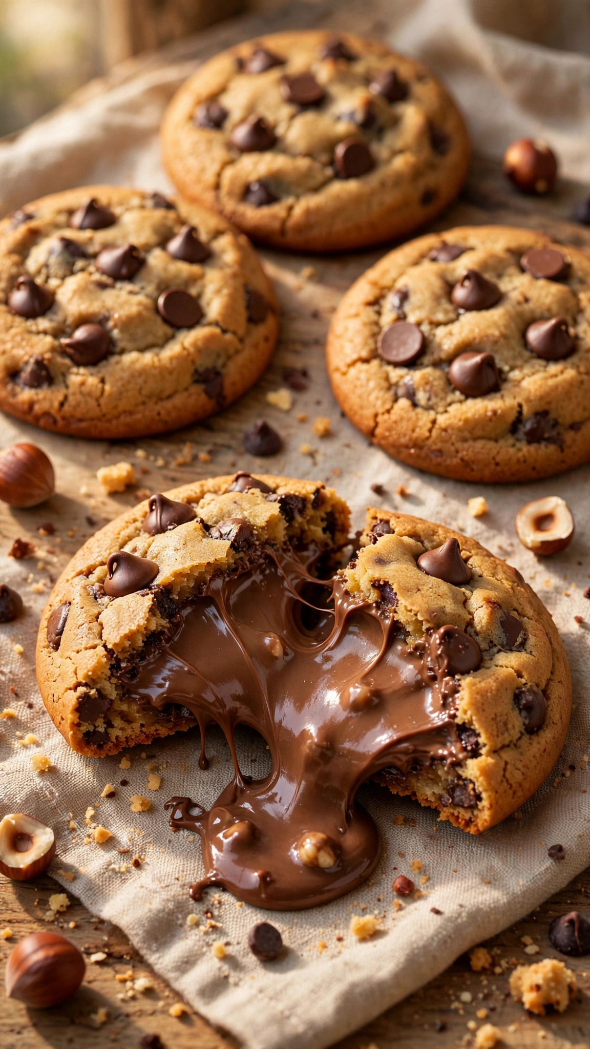Chocolate chip cookies stuffed with molten Nutella centers, one broken open showing hazelnut filling oozing