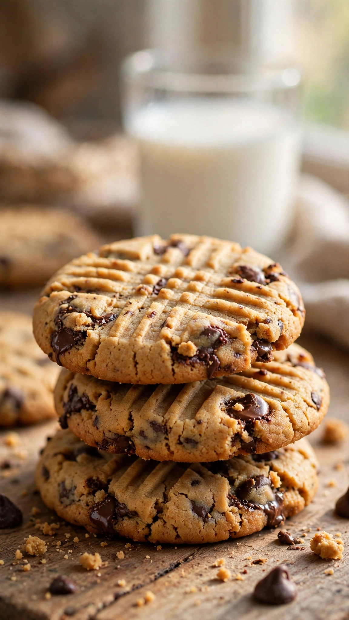 Peanut butter chocolate chip cookies with crosshatch fork marks and golden edges stacked with milk behind