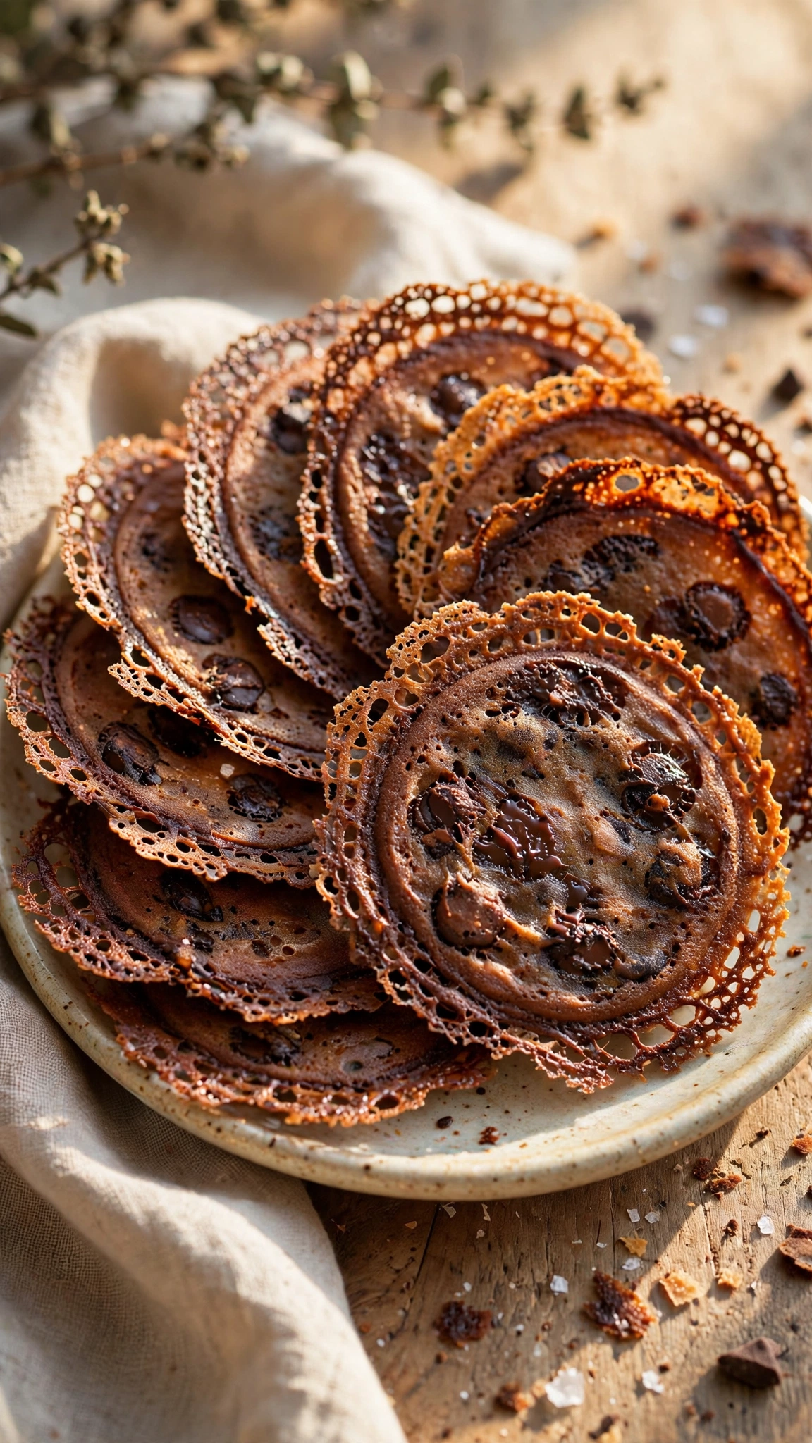Thin crispy chocolate chip cookies with lacy caramelized edges fanned out on a plate