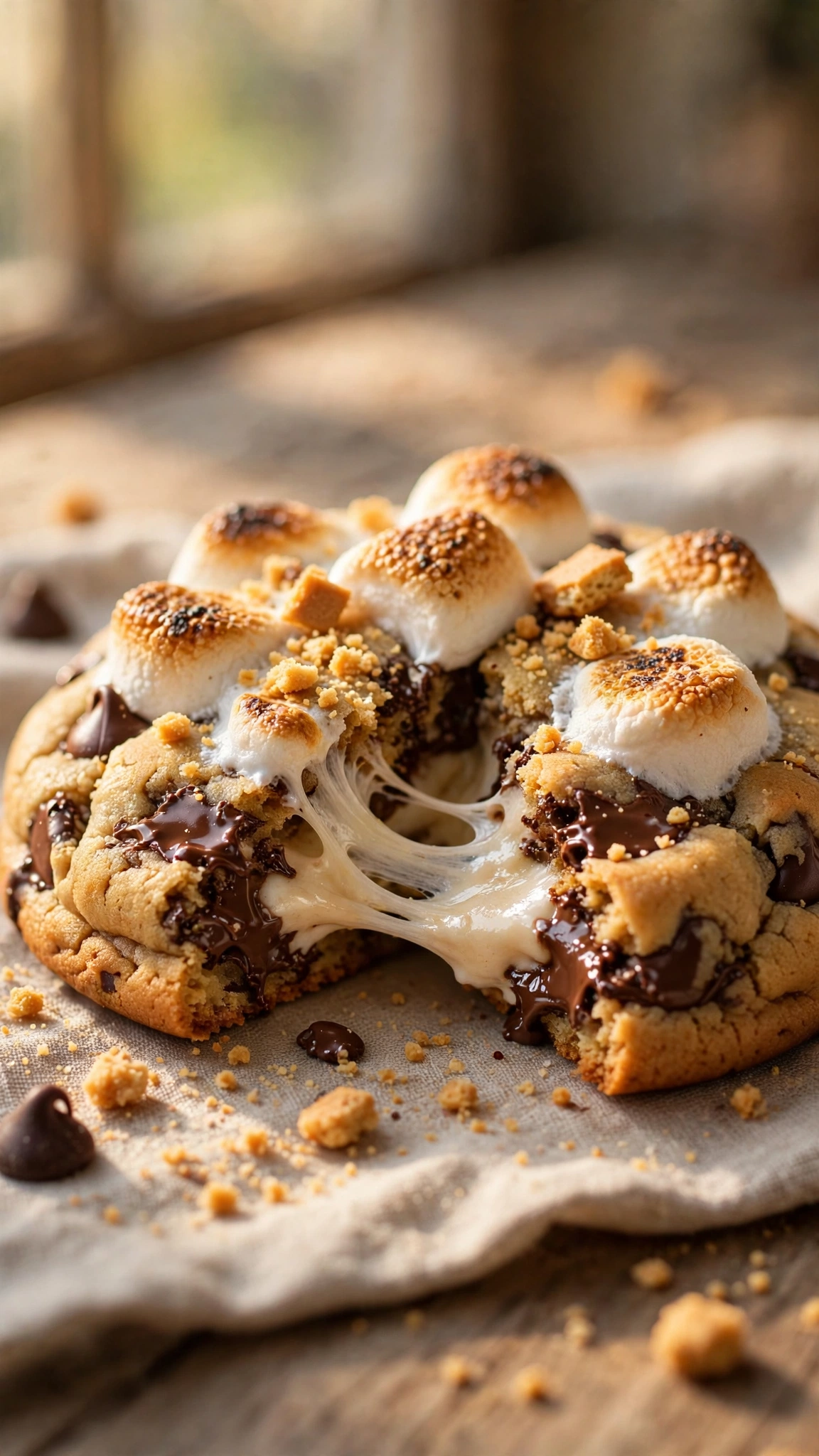 Smores chocolate chip cookies topped with toasted marshmallows and graham cracker crumbs, gooey marshmallow pull