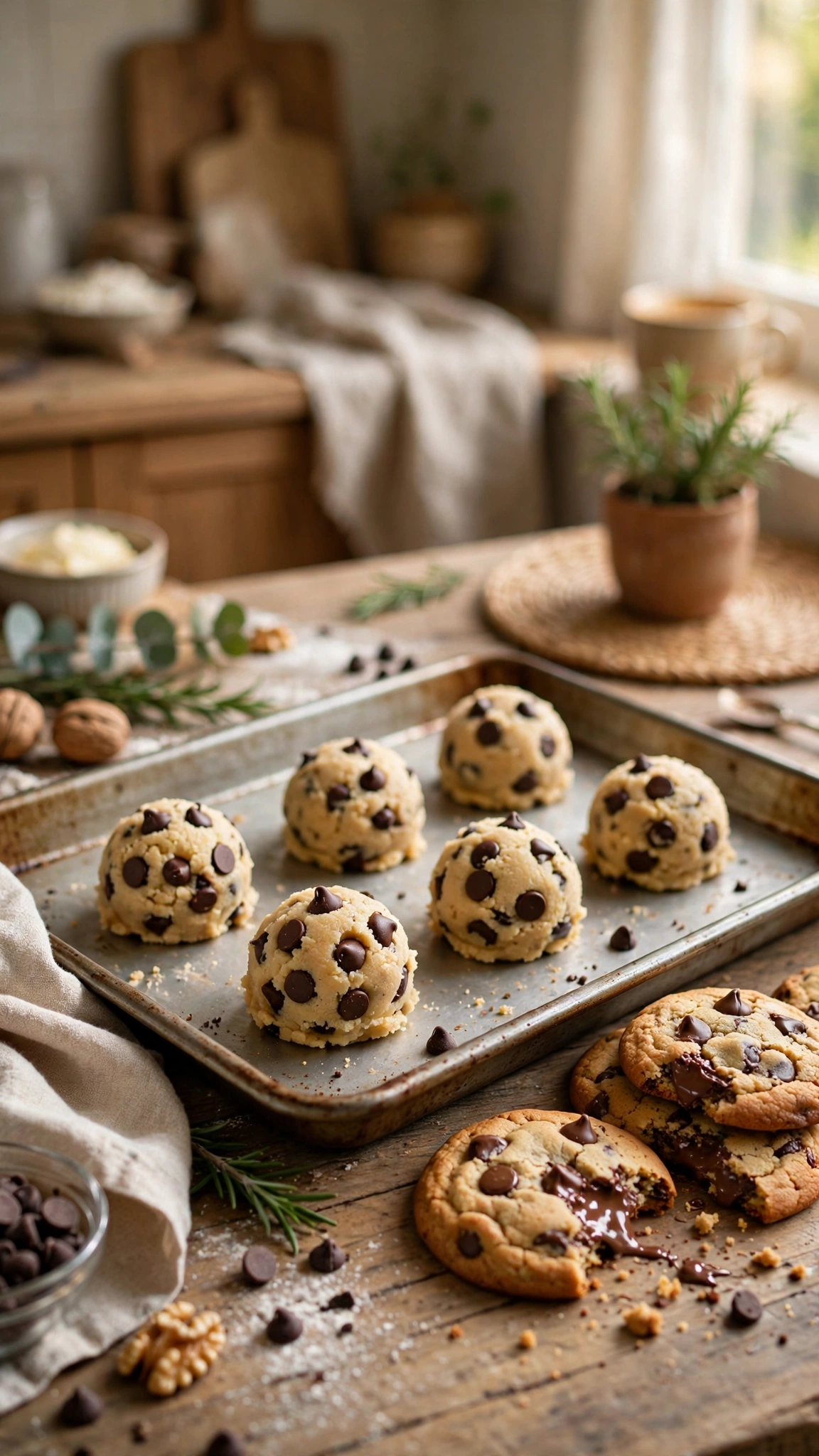 Sea salt chocolate chip cookies with flaky salt crystals and melted chocolate pools on parchment paper