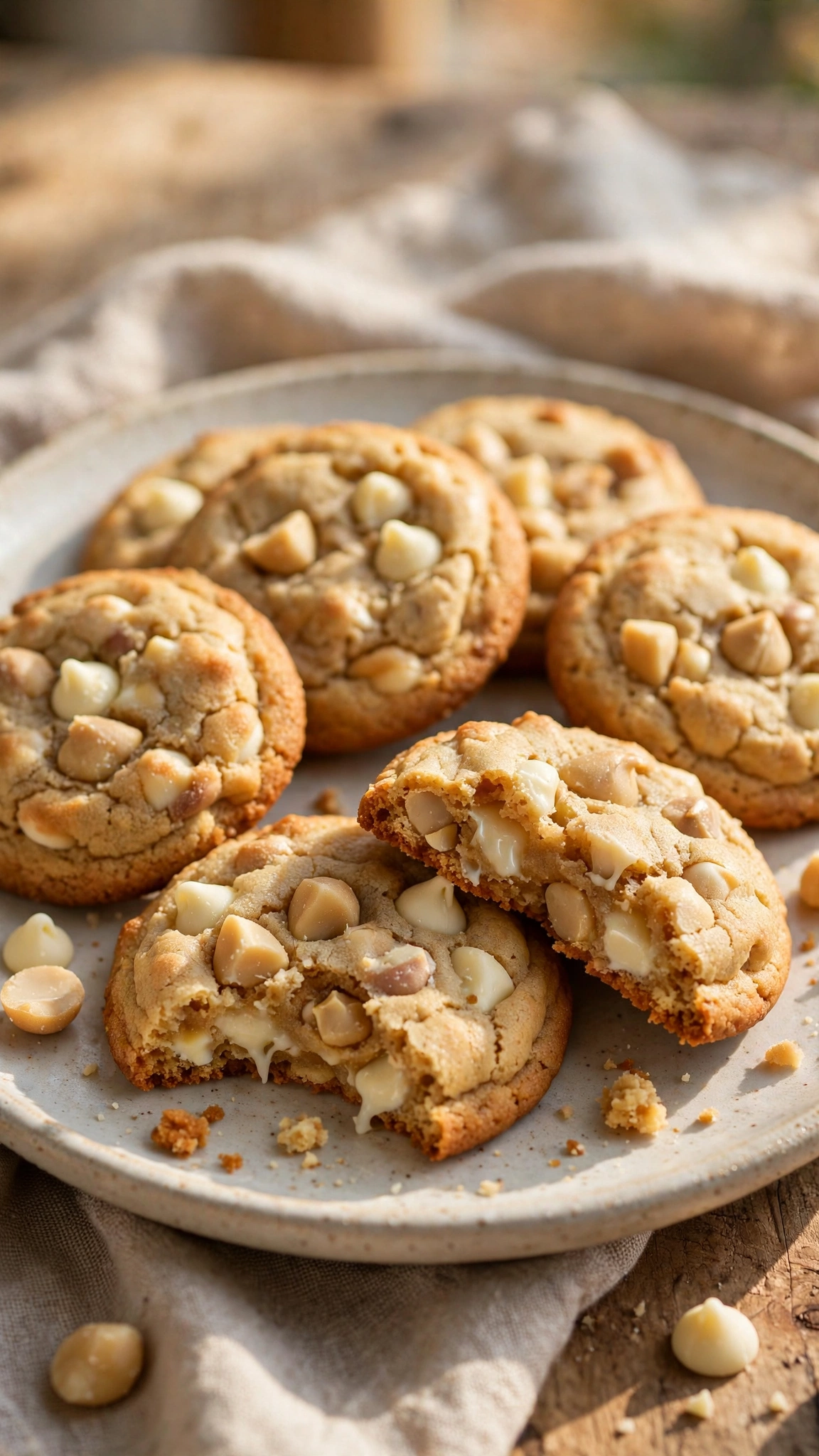 White chocolate chip and macadamia cookies with creamy white chips and golden edges on a ceramic plate