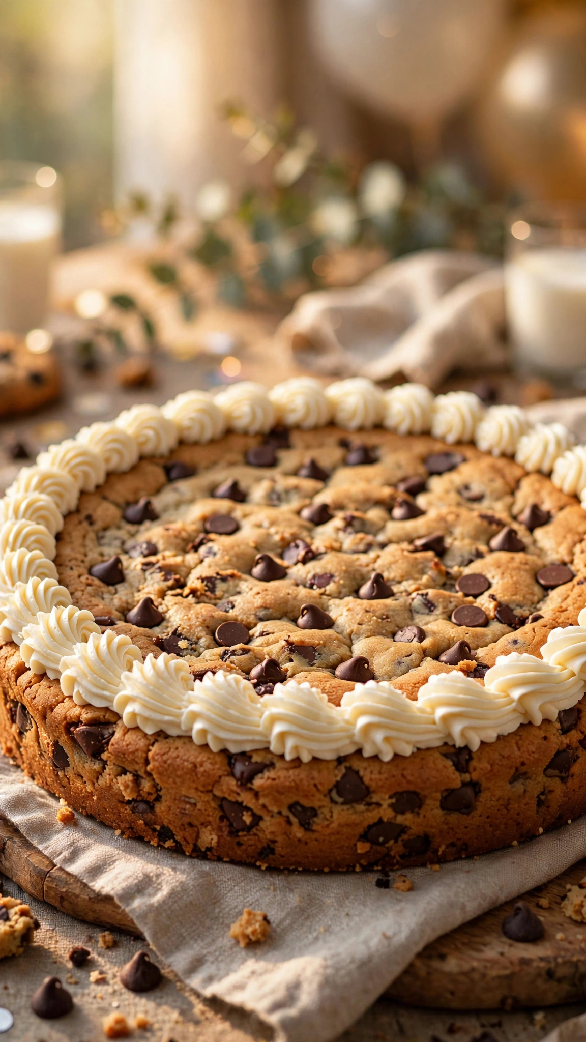 Giant chocolate chip cookie cake with piped frosting border and chocolate chips on top, celebration style
