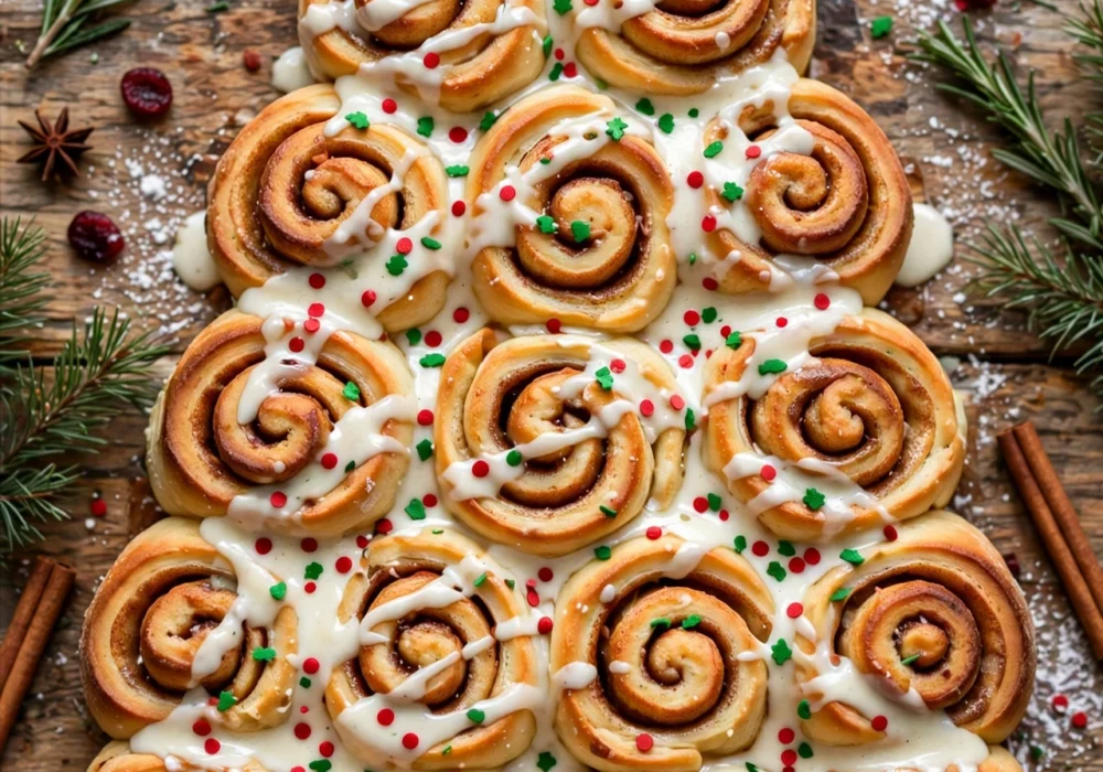 Cinnamon roll Christmas tree bake shaped like a tree with green icing