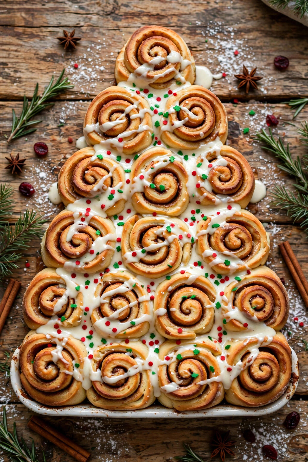 Cinnamon roll Christmas tree bake shaped like a tree with green icing
