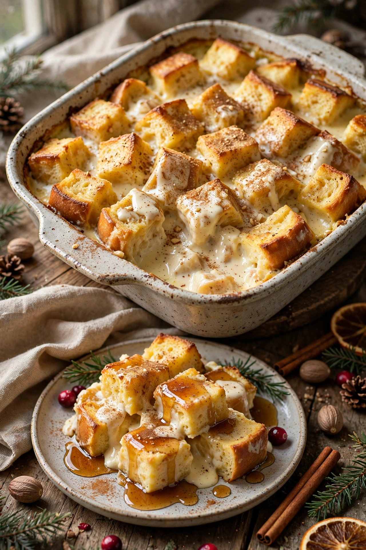 Eggnog French toast casserole with powdered sugar and berries