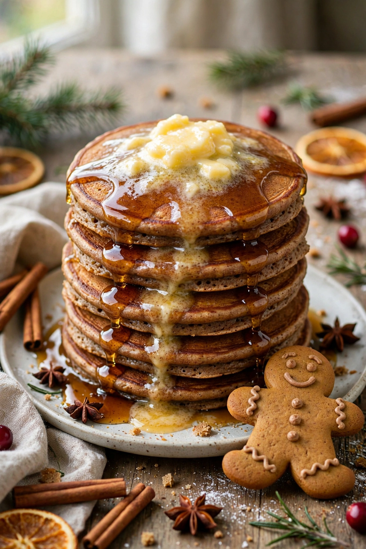 Gingerbread pancakes with maple butter and powdered sugar
