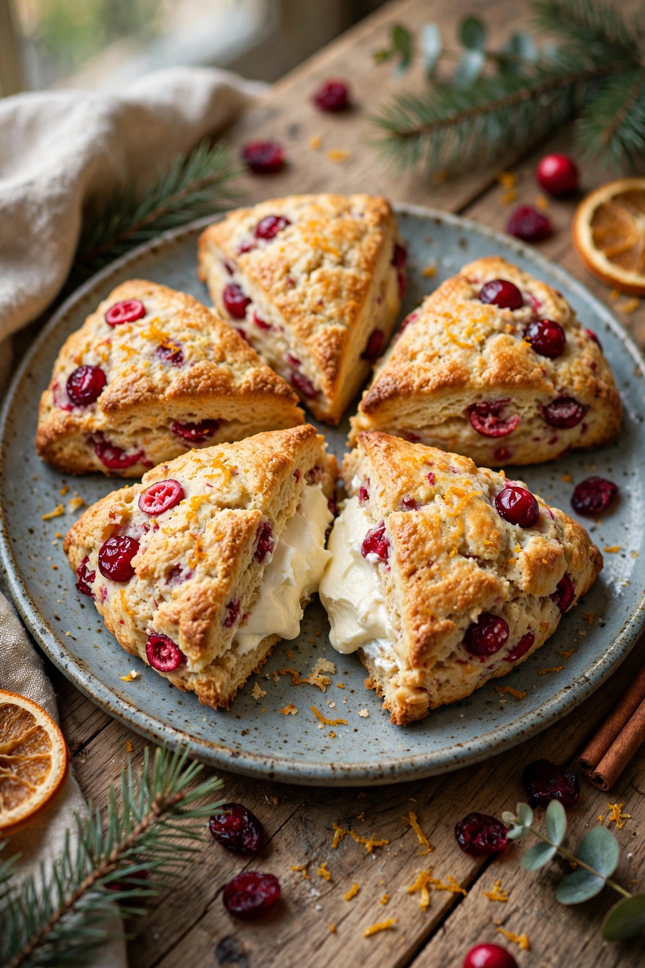 Cranberry orange scones with orange glaze on a platter
