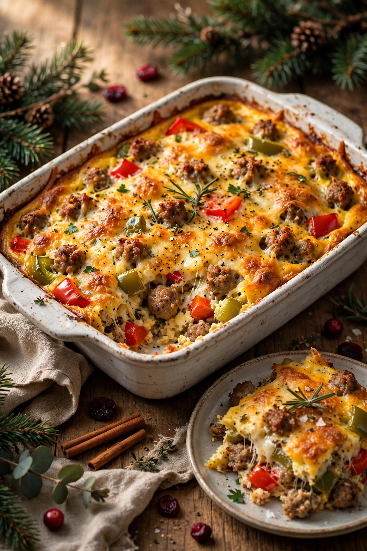 Christmas morning breakfast casserole with sausage eggs and cheese