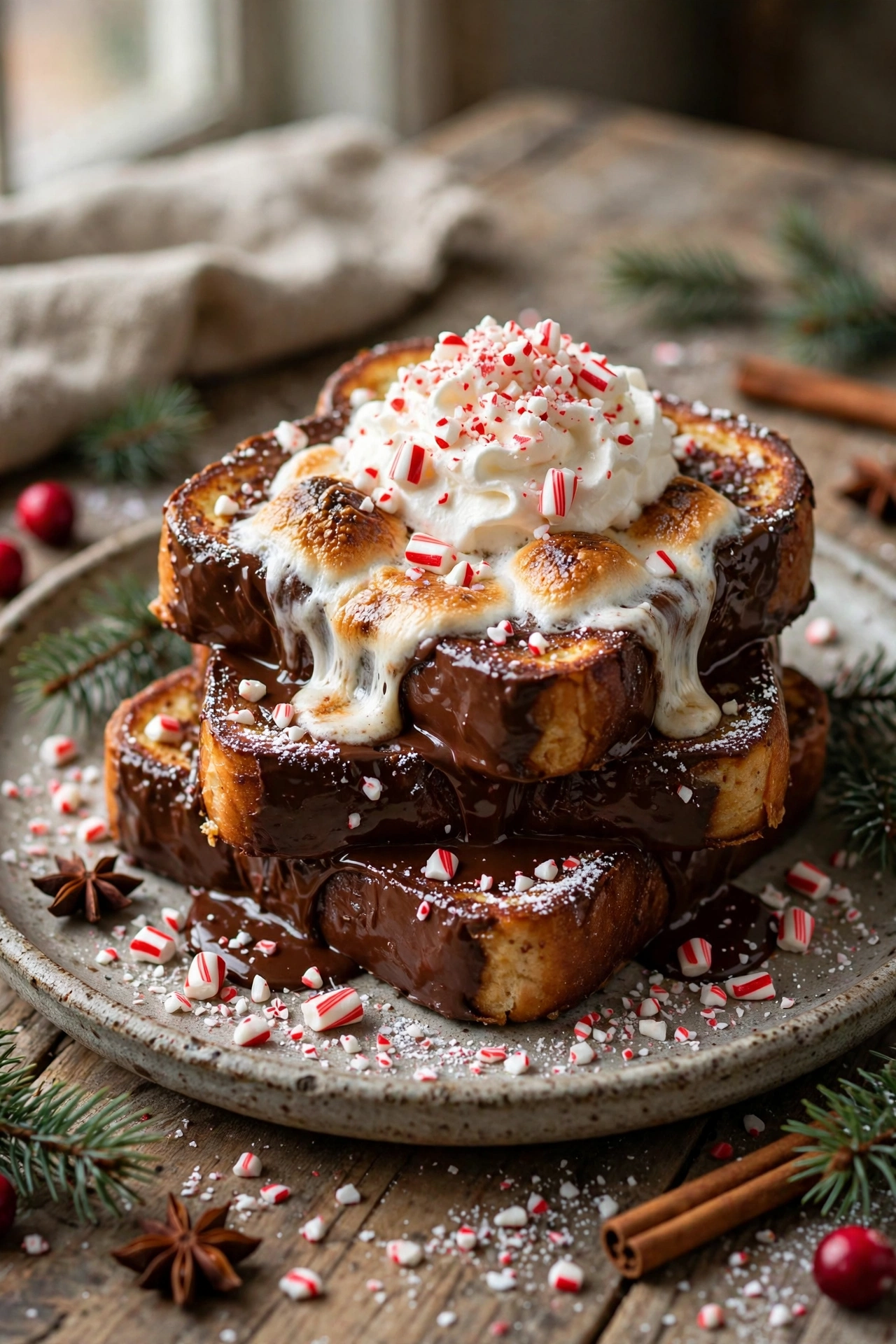 Peppermint hot chocolate French toast with crushed candy canes