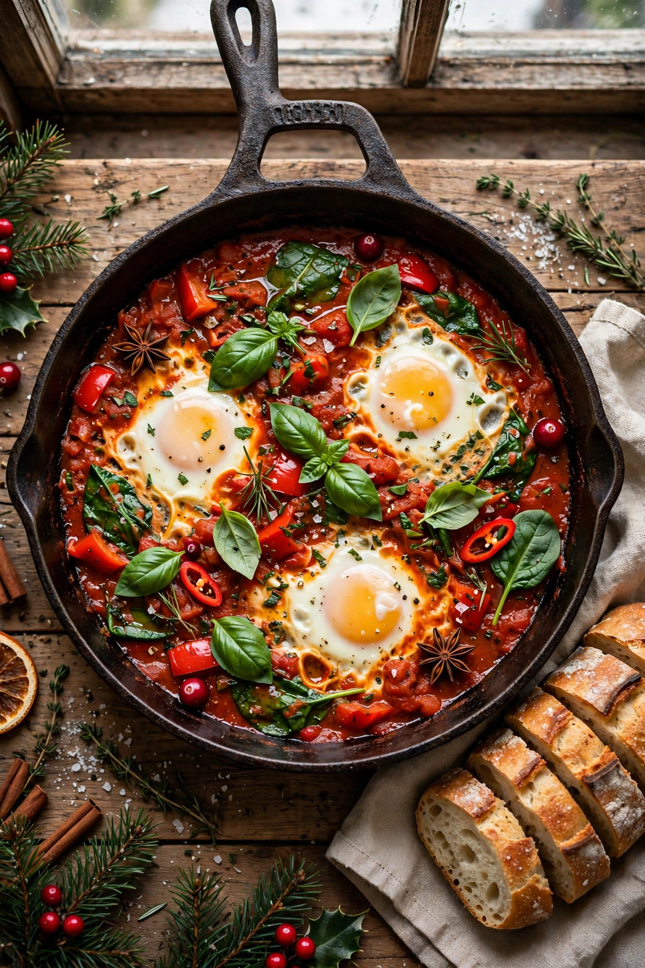 Red and green shakshuka with eggs in tomato sauce and herbs