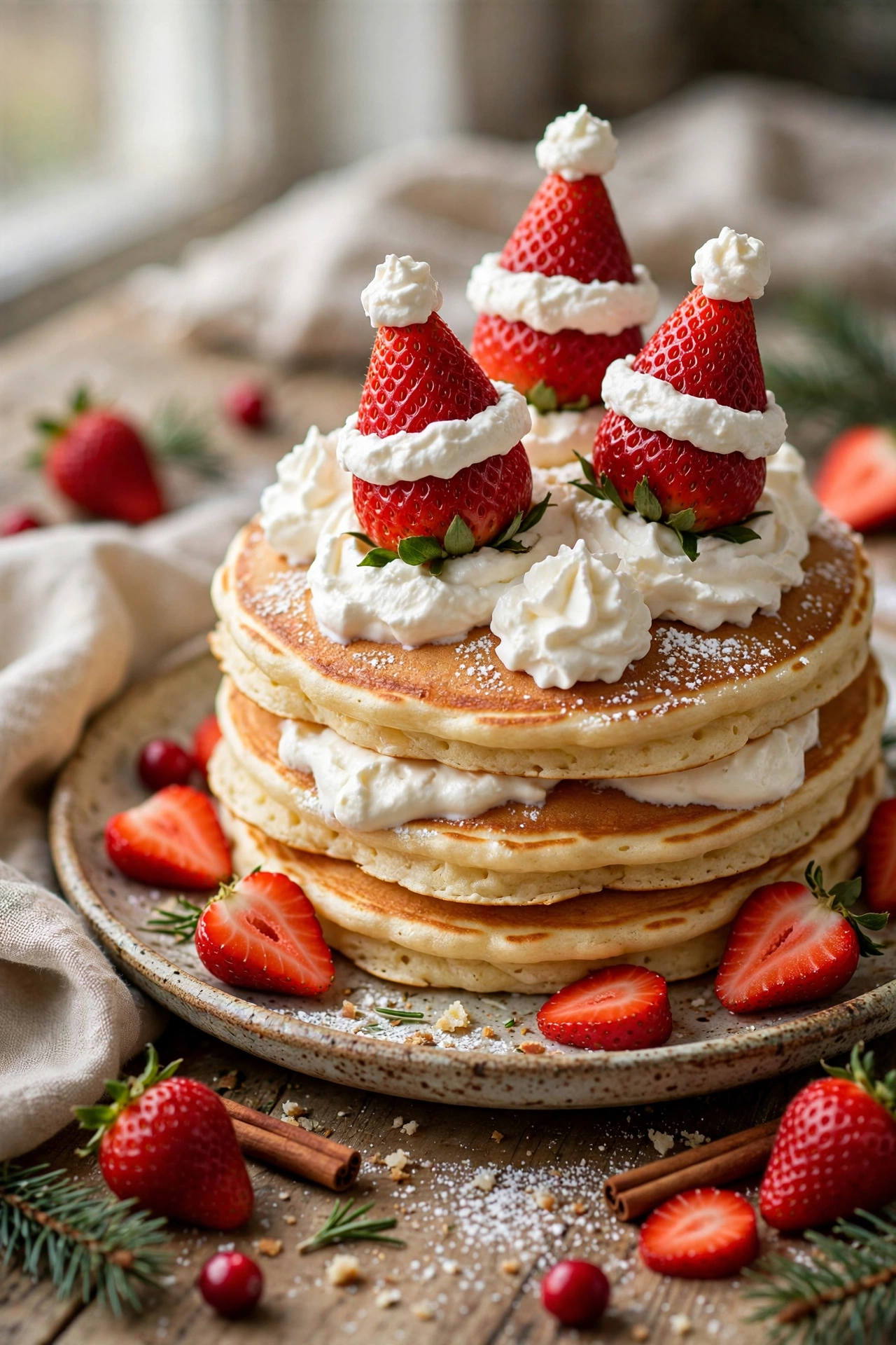 Santa hat strawberry pancakes with whipped cream hats