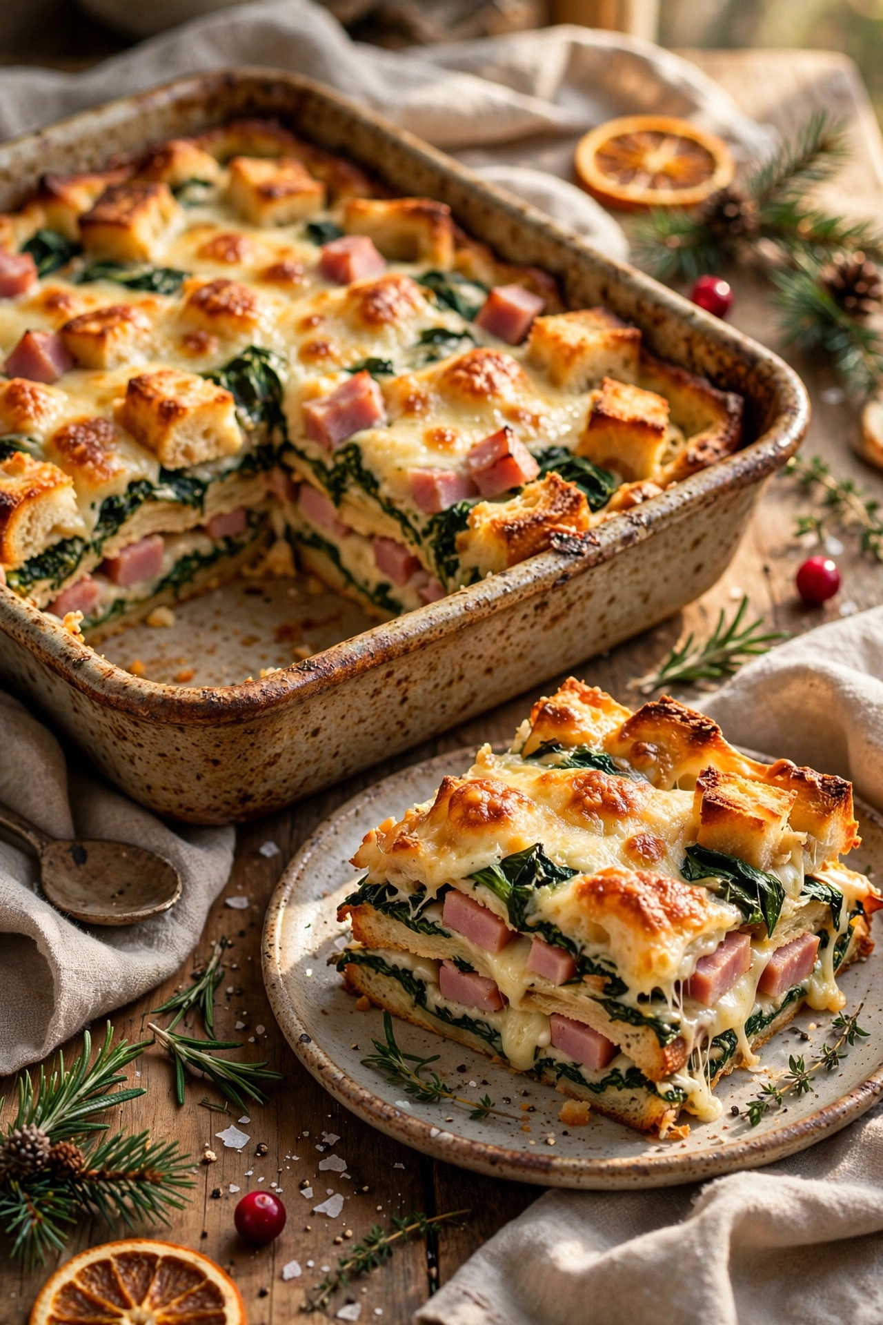 Holiday breakfast strata with layers of bread sausage and cheese