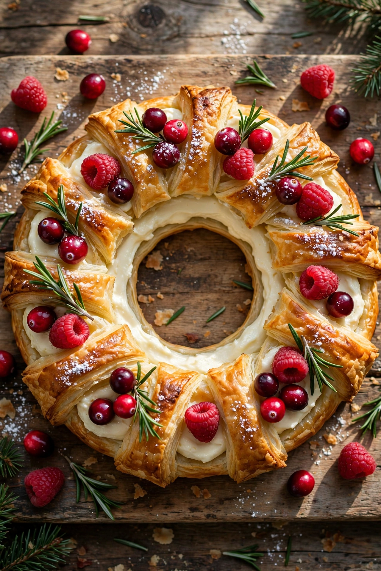 Christmas wreath pastry with berries and powdered sugar