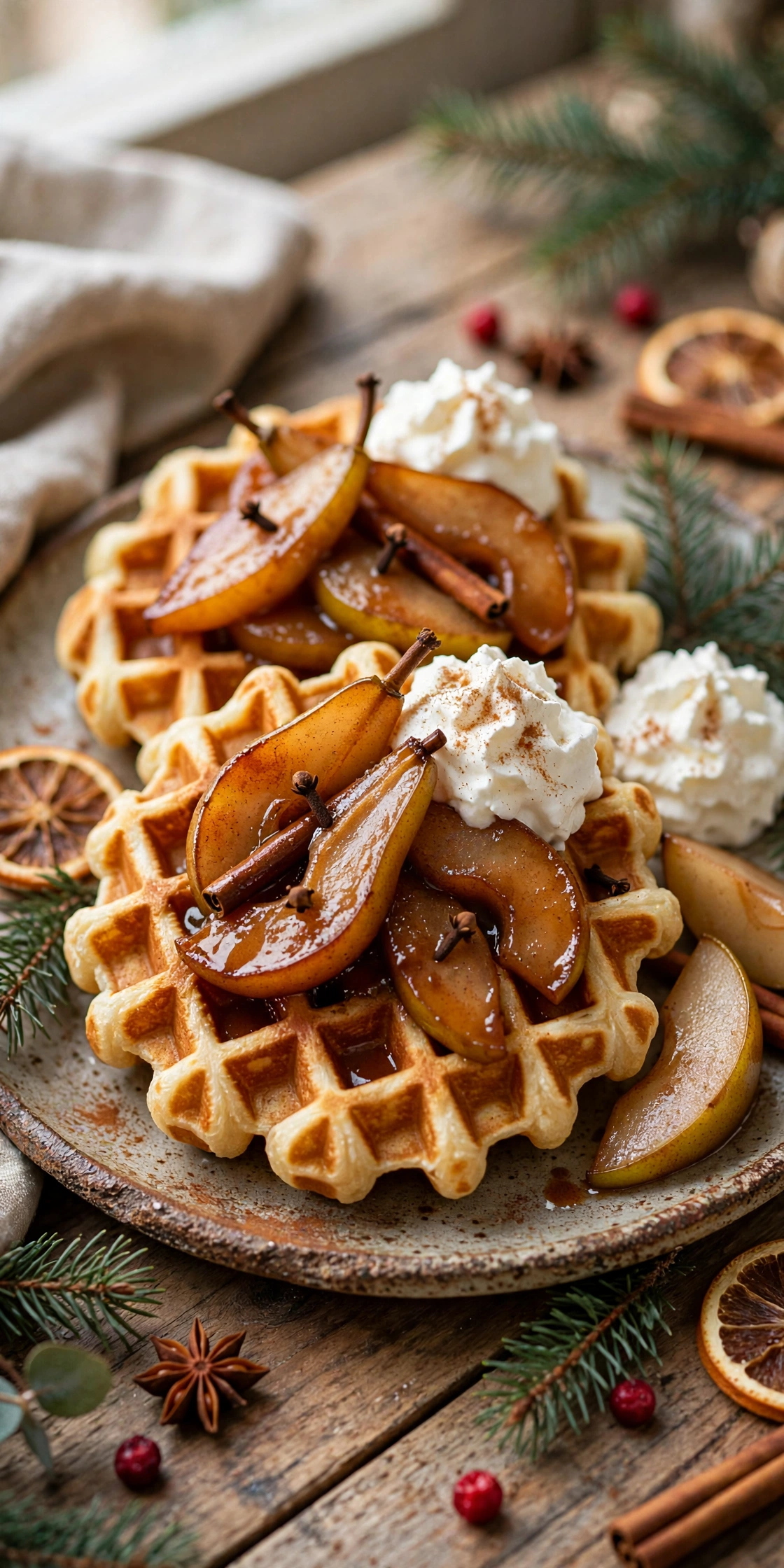 Spiced pear Belgian waffles with caramelized pears