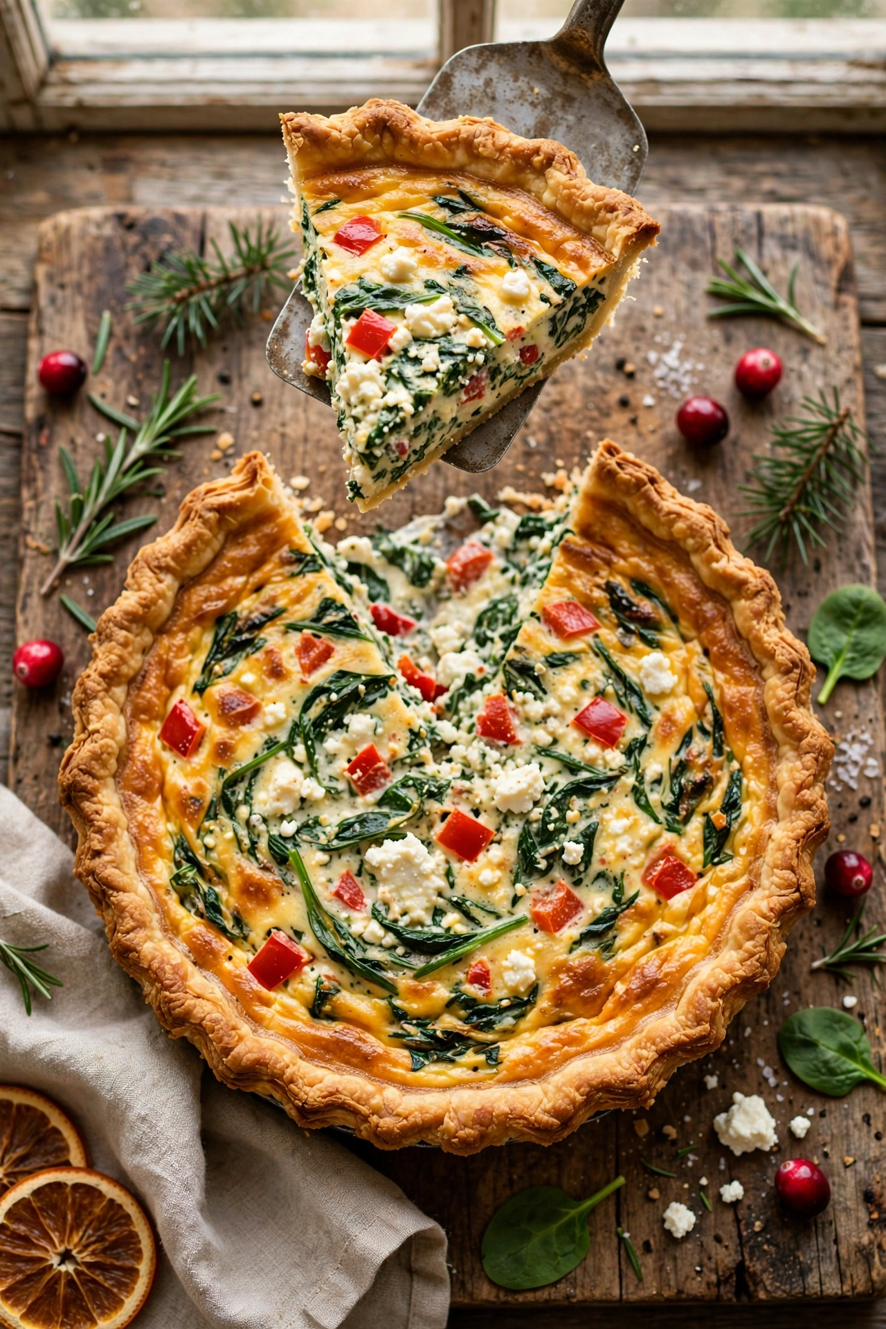 Savory Christmas quiche with spinach and cheese in a flaky crust