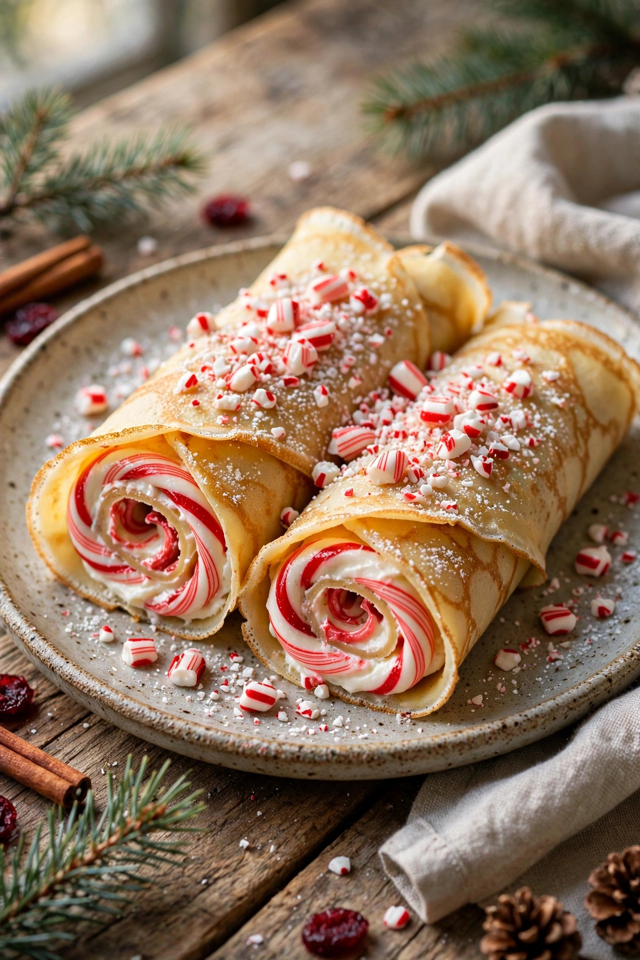 Candy cane crepes with cream cheese filling and peppermint