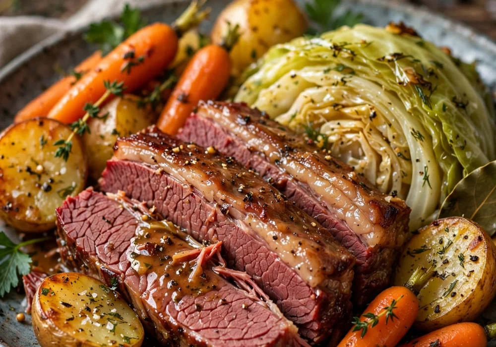 Corned beef and cabbage plated with carrots and potatoes