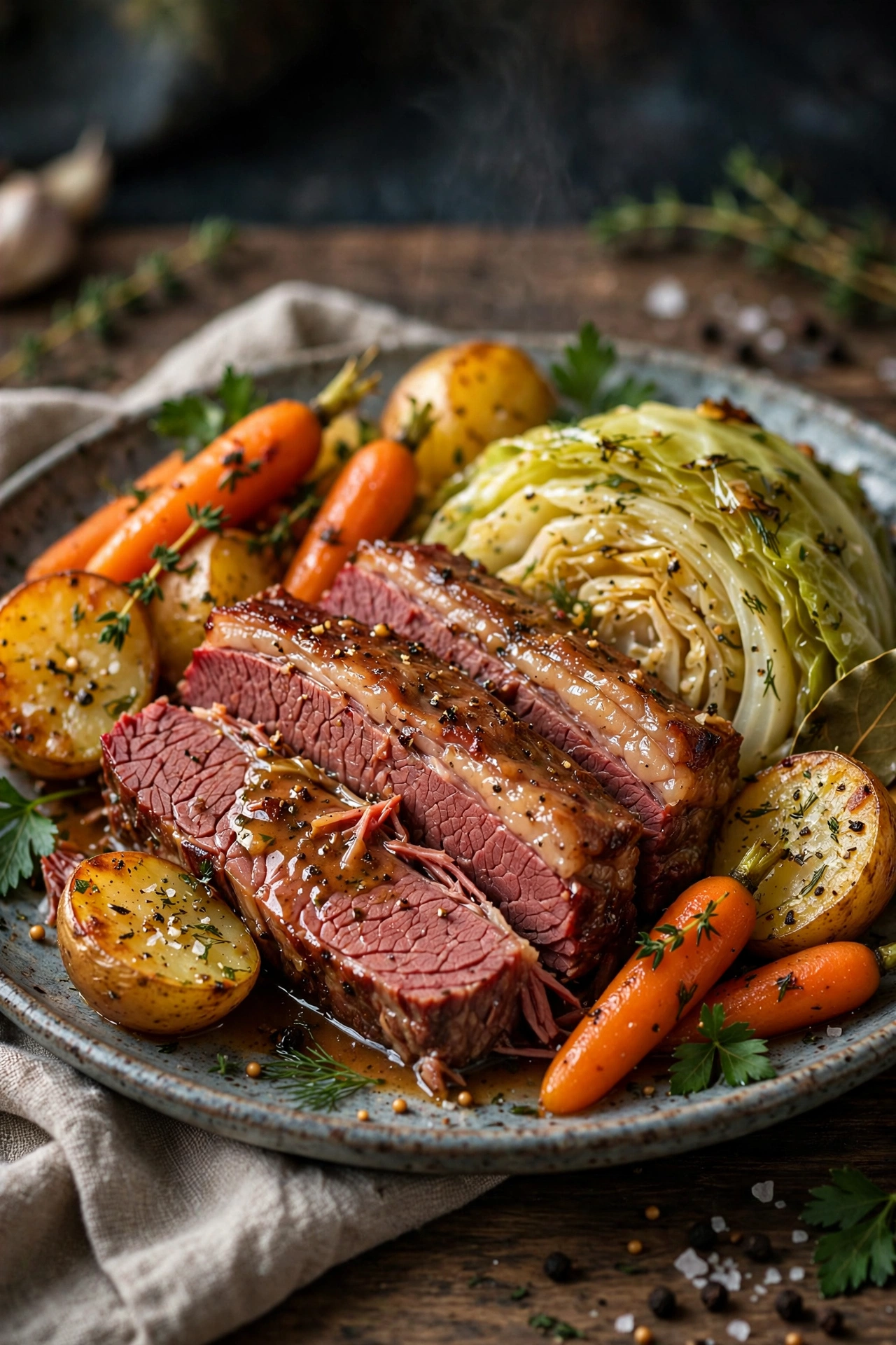 Corned beef and cabbage plated with carrots and potatoes