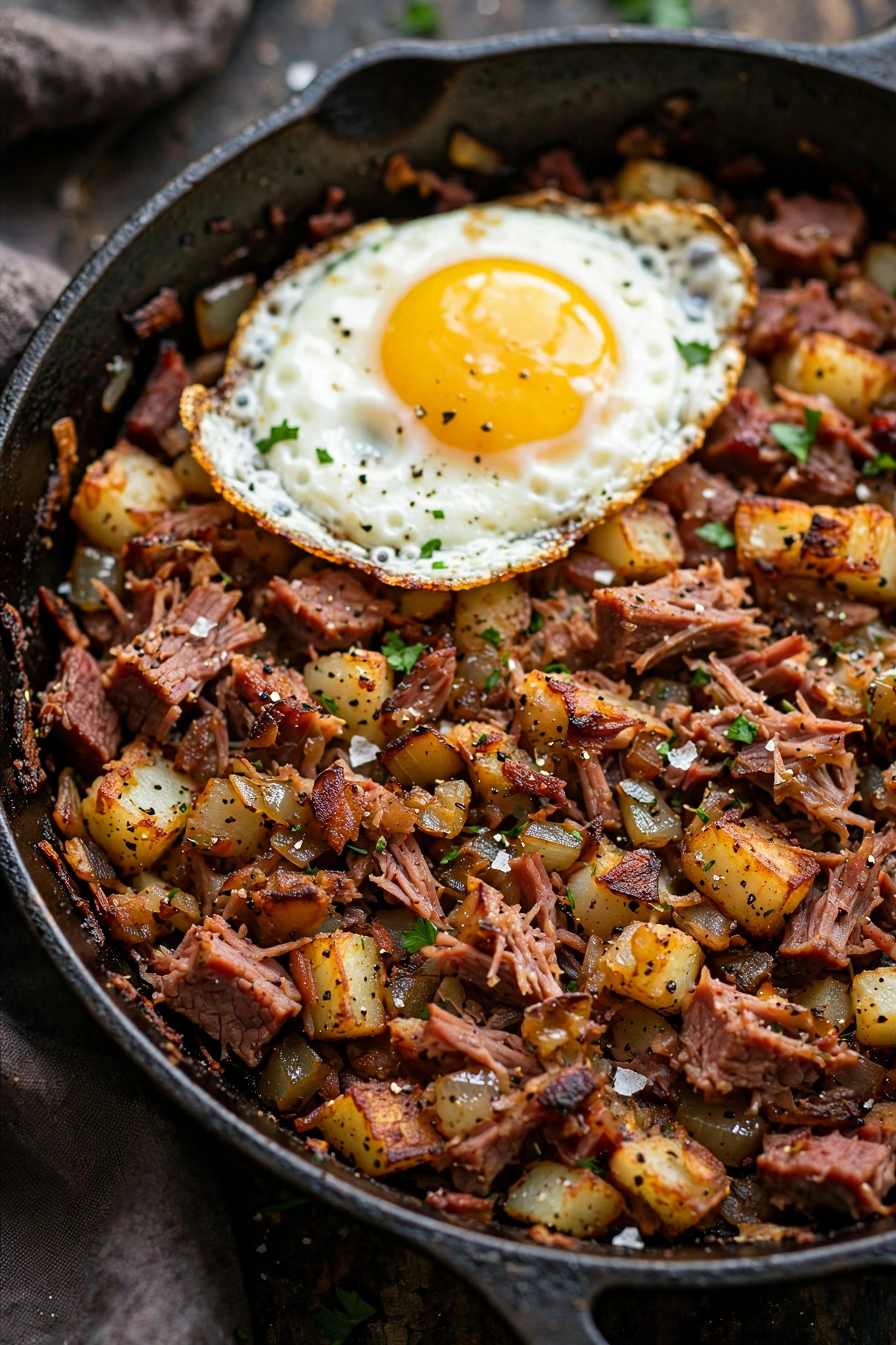 Corned beef hash crispy in a skillet with fried egg on top