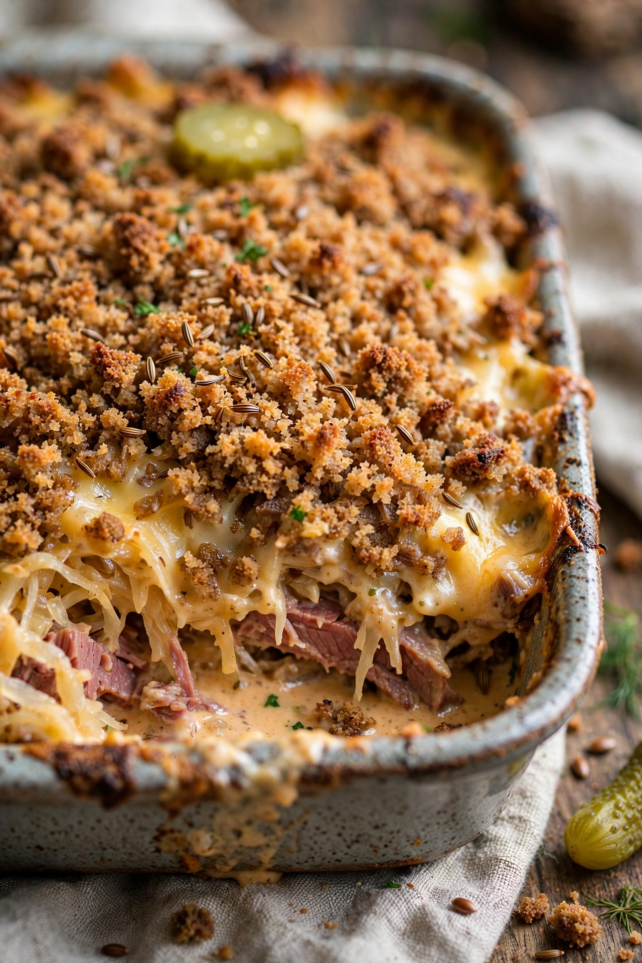 Reuben casserole baked with rye crumb topping