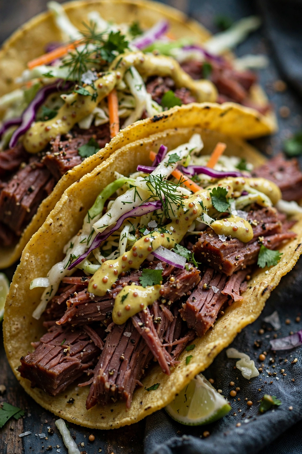 Corned beef tacos with cabbage slaw and mustard sauce