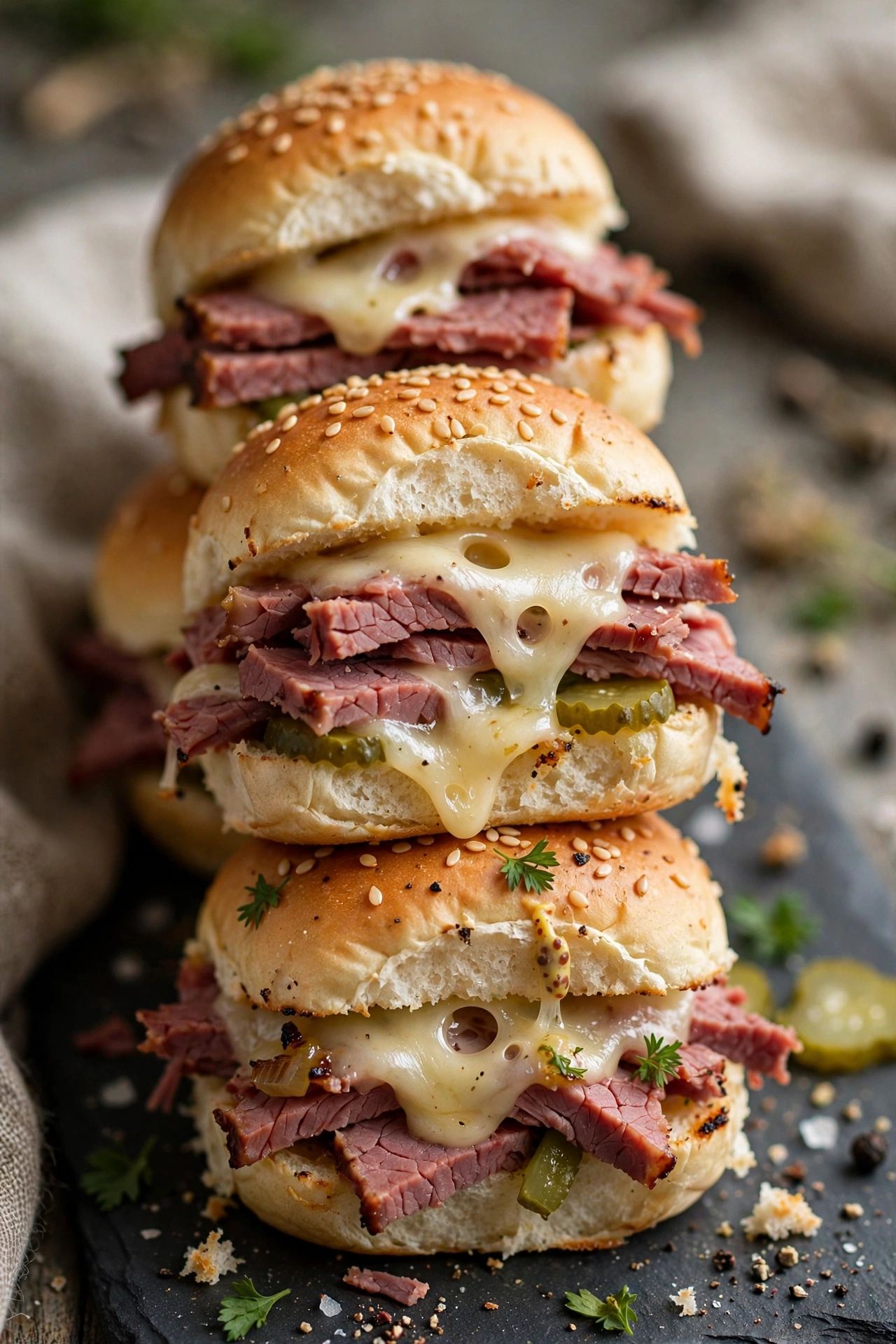 Corned beef sliders on mini buns with Swiss