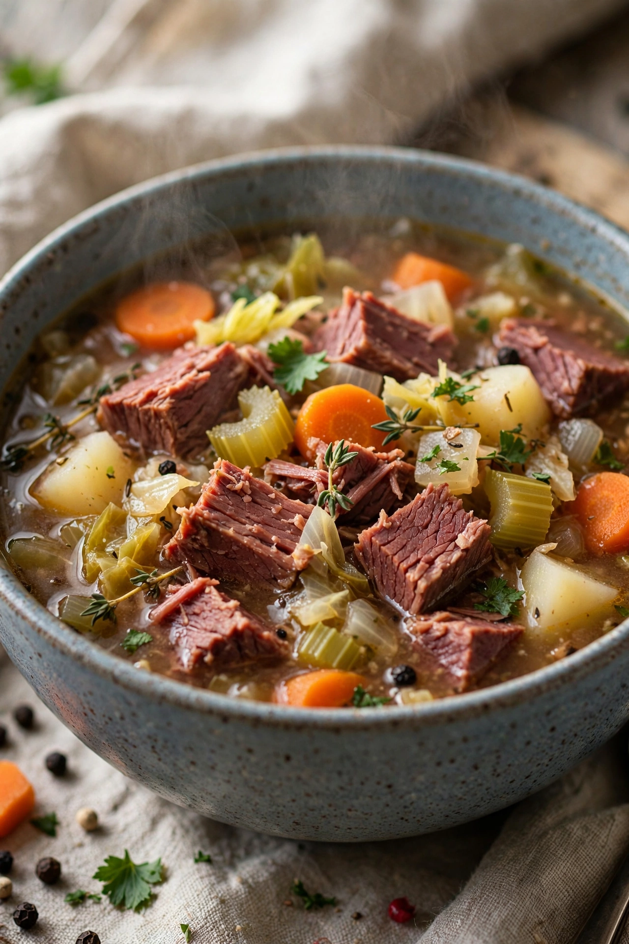 Corned beef soup hearty with vegetables in a bowl