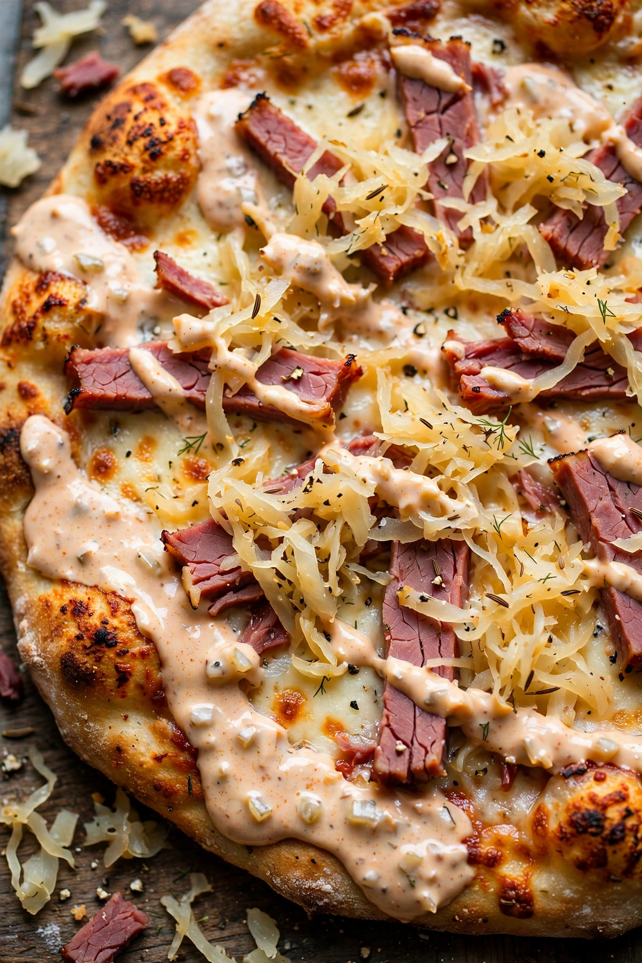Corned beef pizza with sauerkraut and thousand island base