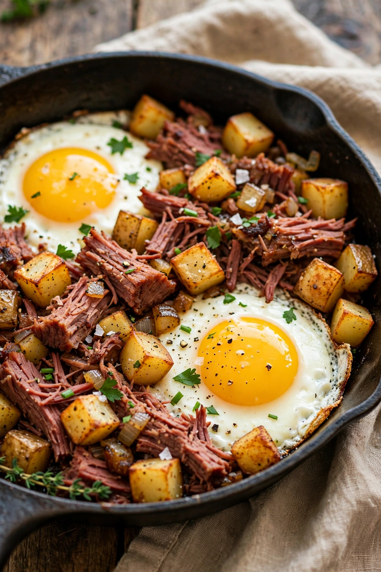 Corned beef breakfast skillet with eggs and potatoes