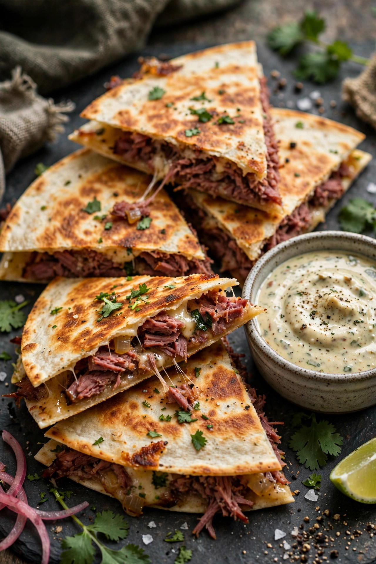 Corned beef quesadillas triangles with dipping sauce
