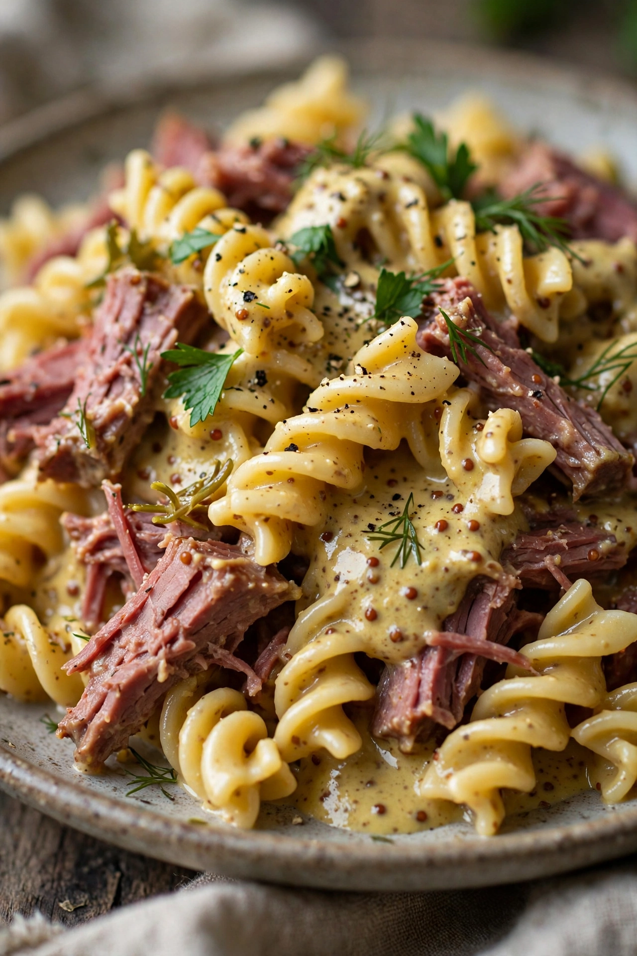 Corned beef pasta with creamy mustard sauce