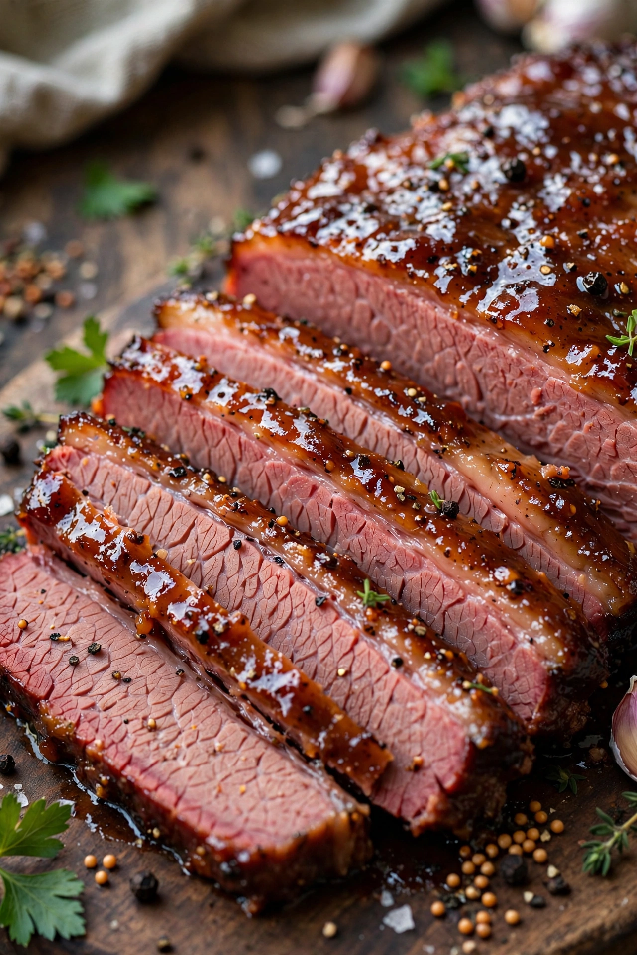Glazed corned beef brisket sliced showing pink interior