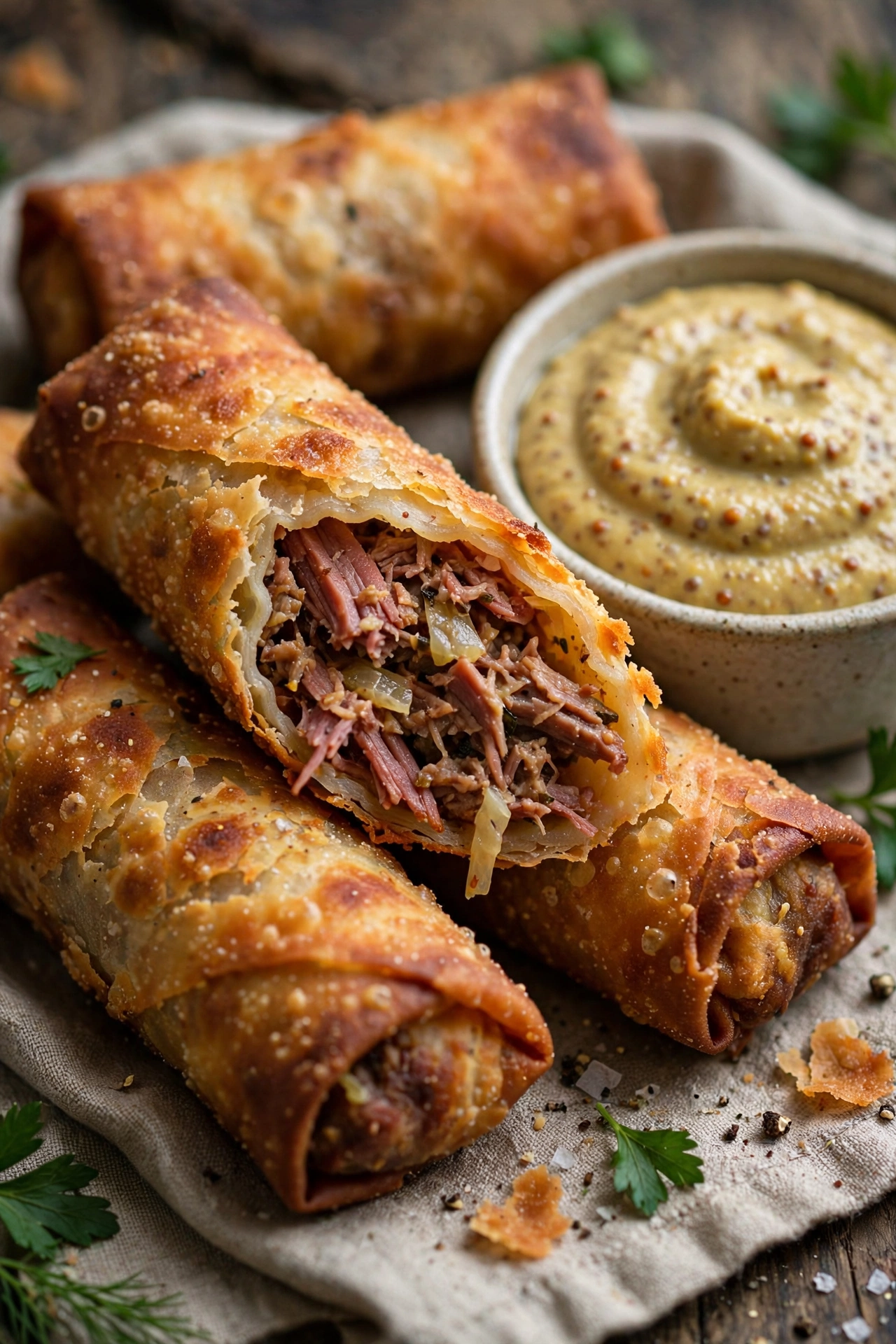 Corned beef egg rolls crispy with mustard dip