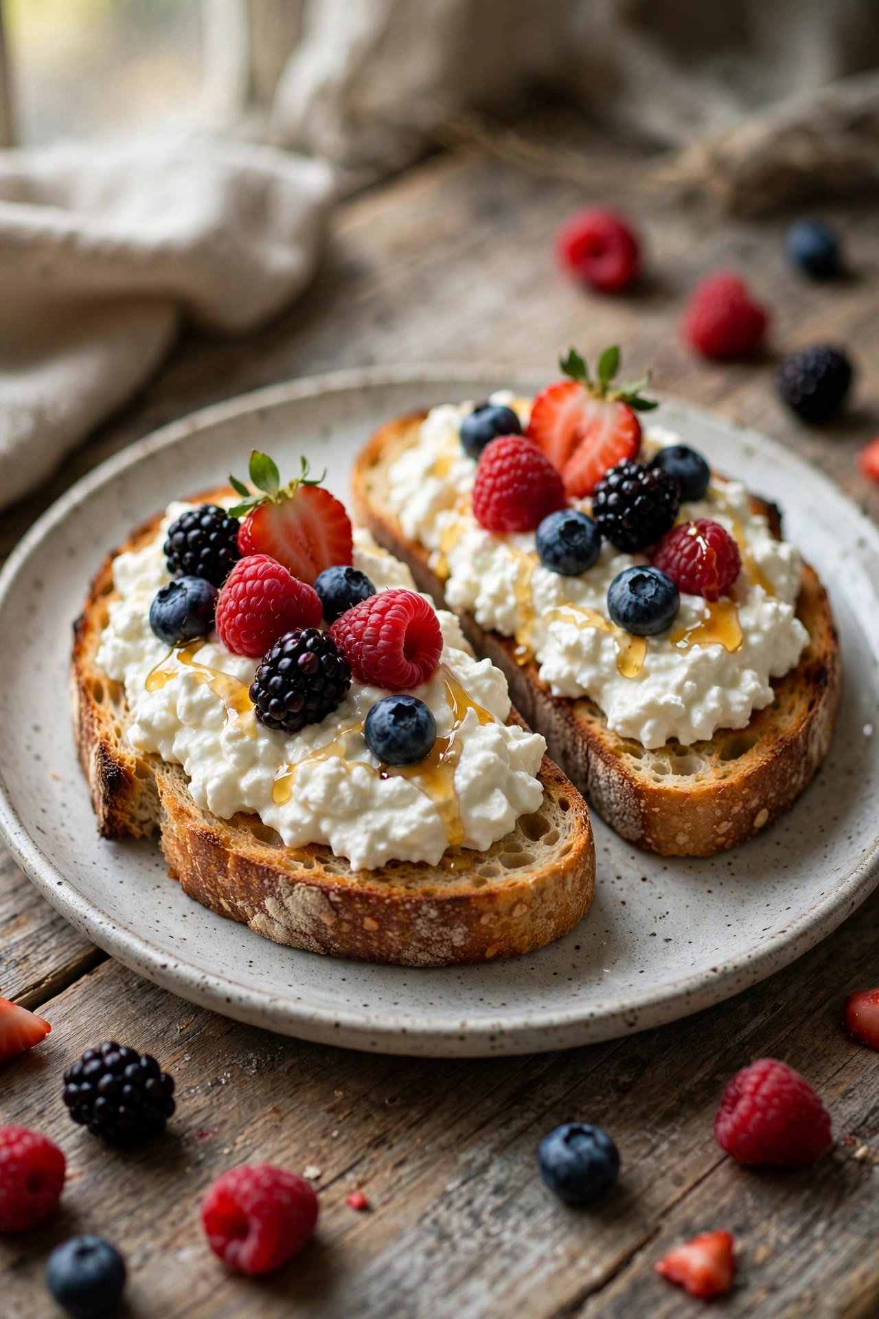 Whipped cottage cheese toast with honey and berries