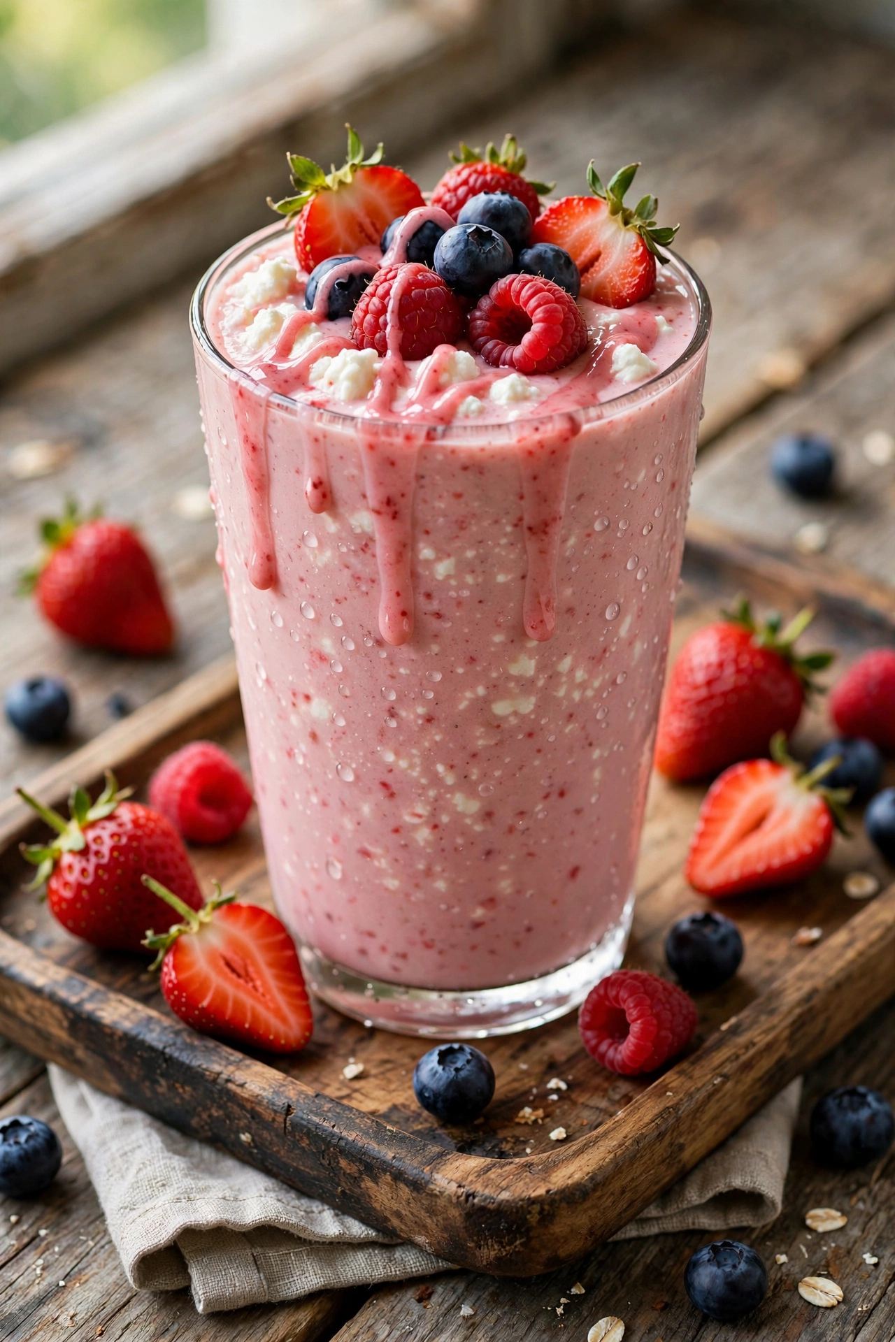 Creamy cottage cheese cheesecake with berry topping