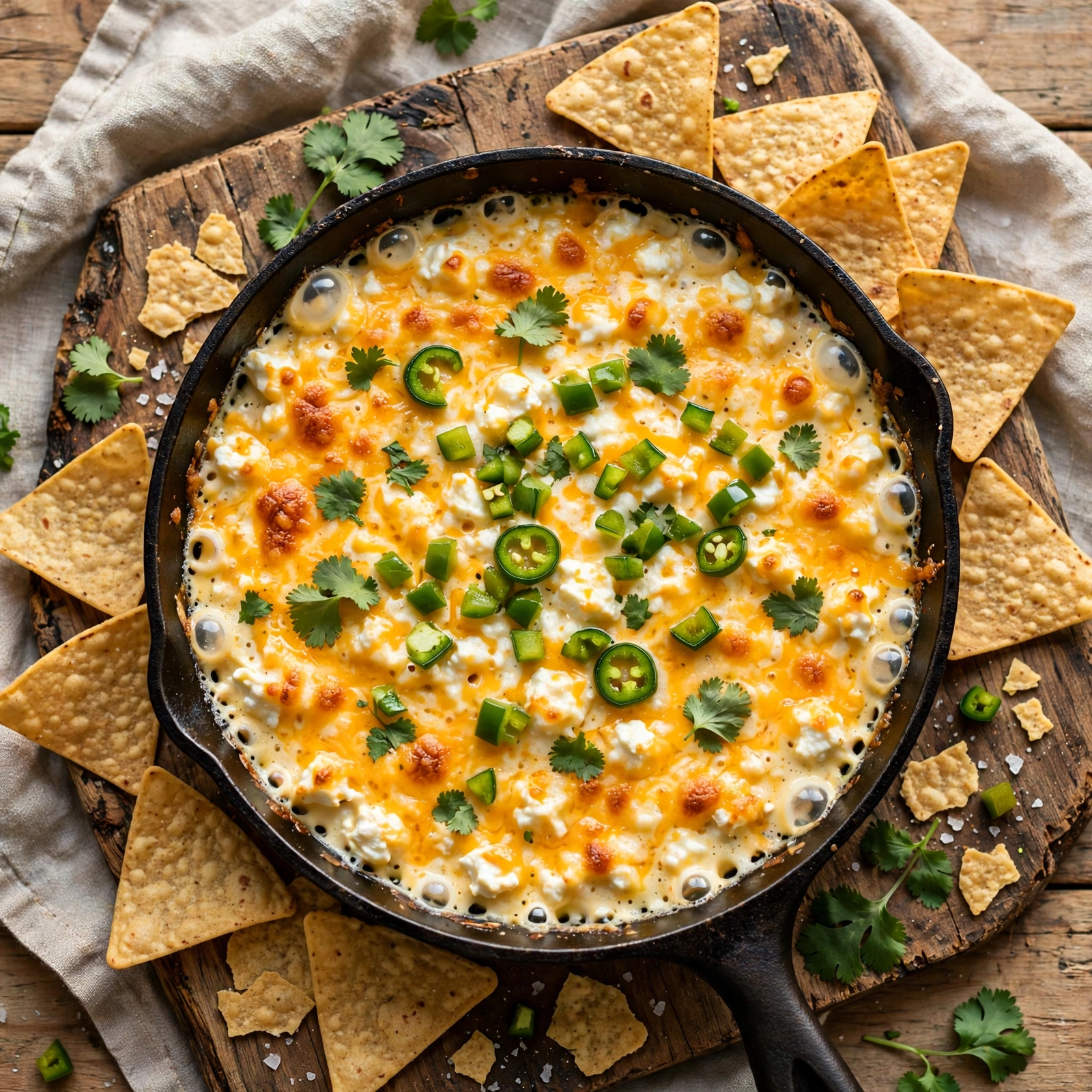 Warm cottage cheese queso dip with tortilla chips