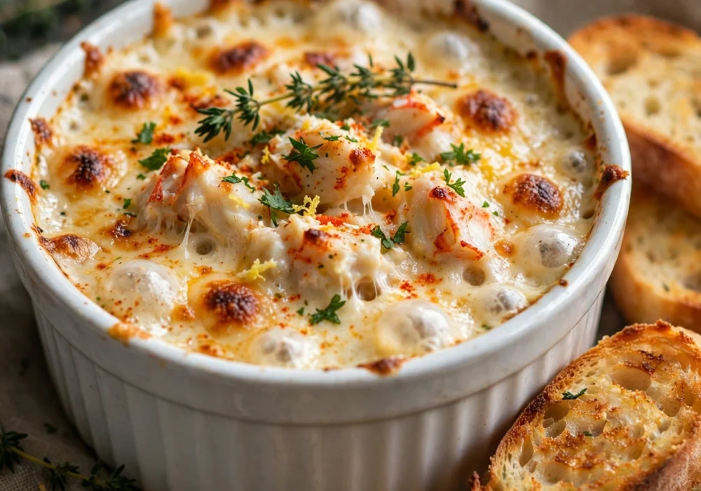 Classic hot crab dip bubbling in a white ramekin with toasted baguette