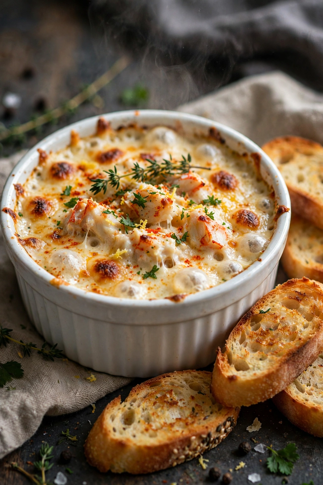 Classic hot crab dip bubbling in a white ramekin with toasted baguette