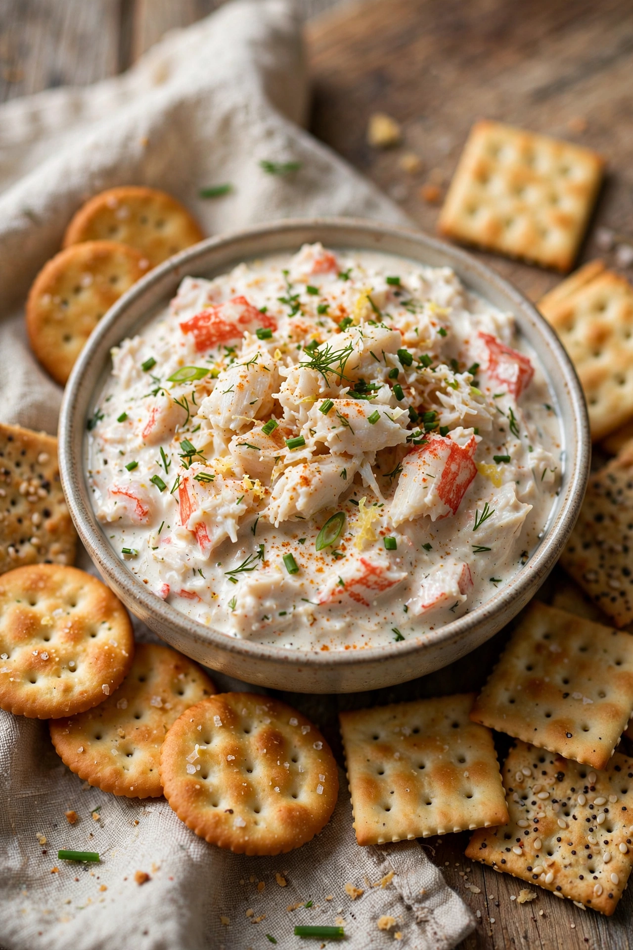 Cold crab dip in a bowl with crackers around it