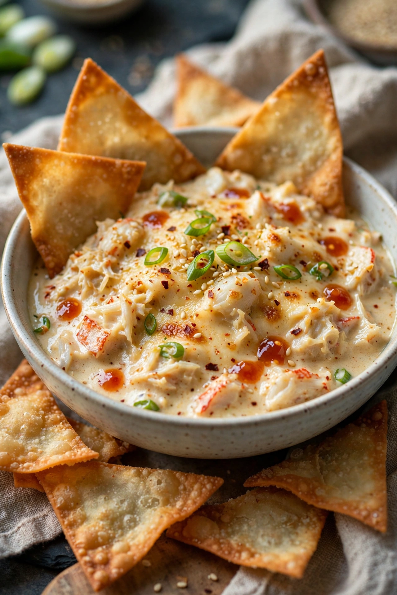 Crab rangoon dip with crispy wonton chips